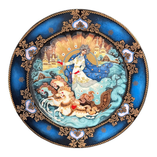 1992 Russian Porcelain Plate Winter Troika Scene Limited Edition Hand Painted Blue Gold 8”