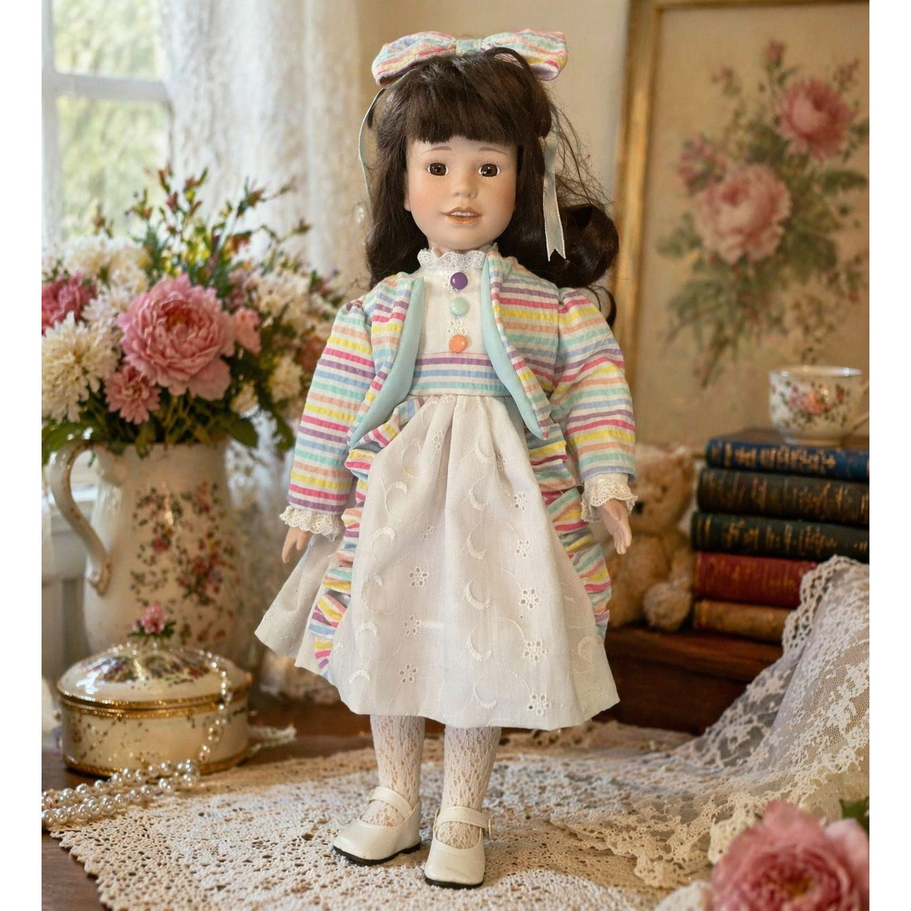 Vintage Designs by Yoko 18” Porcelain Doll Pastel Rainbow Dress Lace Socks Numbered