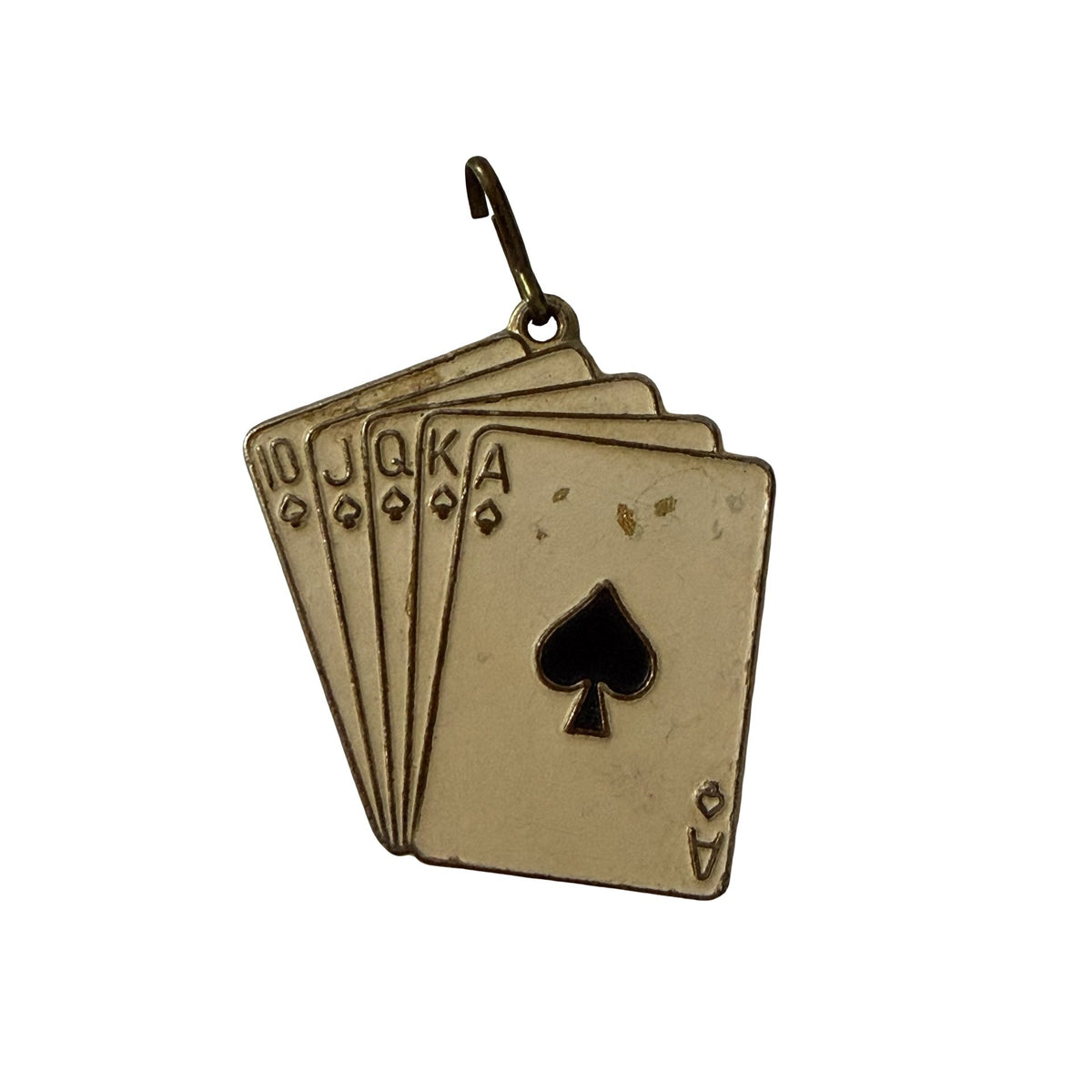 Vintage Royal Flush Poker Charm Gold Tone Enamel Playing Cards Ace Spades 1 Inch
