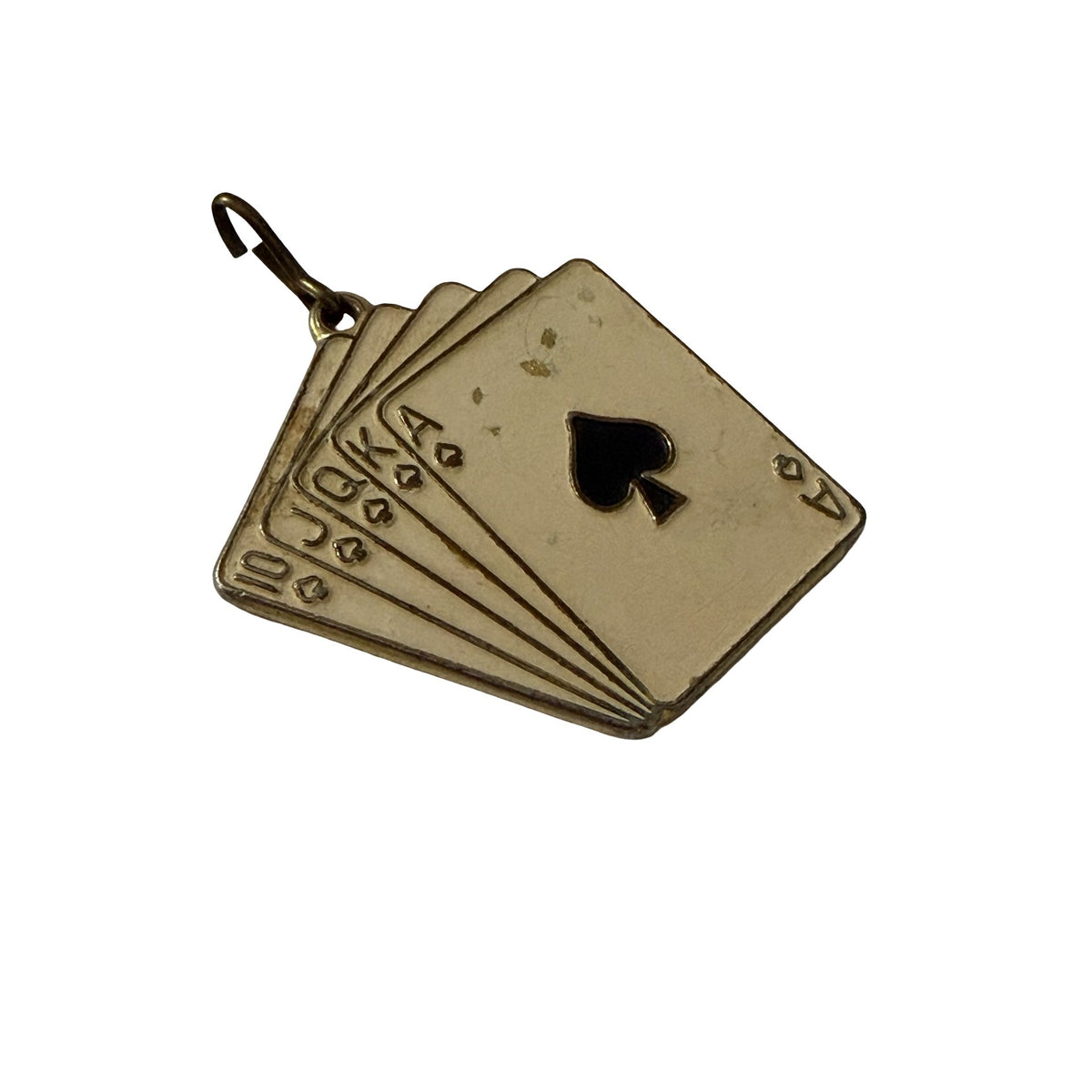 Vintage Royal Flush Poker Charm Gold Tone Enamel Playing Cards Ace Spades 1 Inch