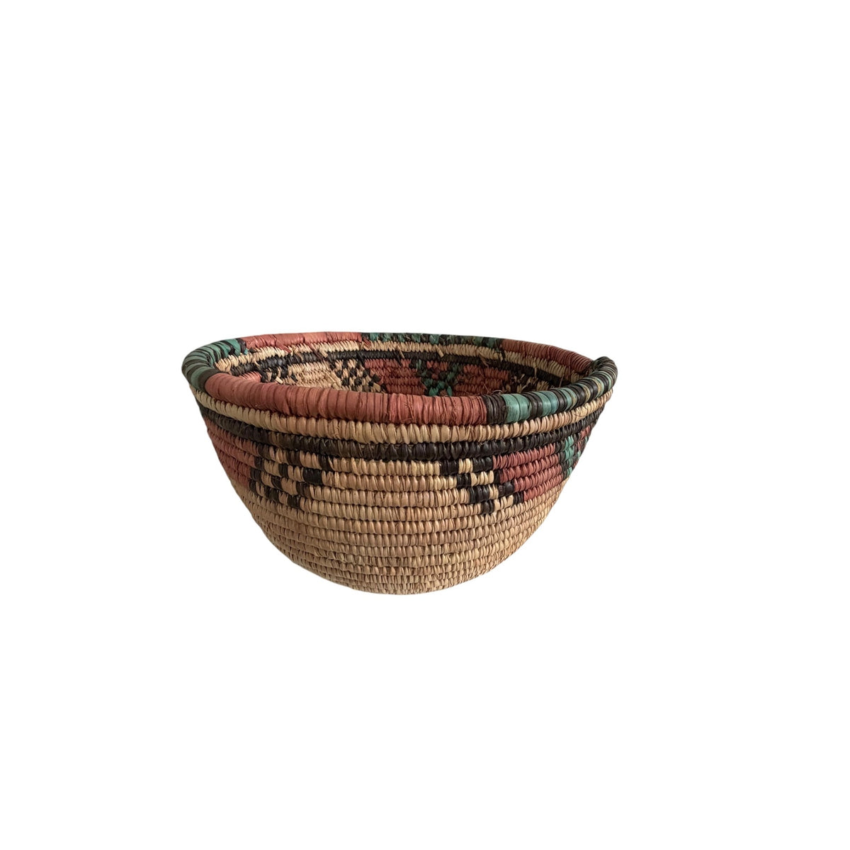 Vintage African Hand Coiled Basket Bowl Dyed Raffia Pink Green Geometric 10 Inch