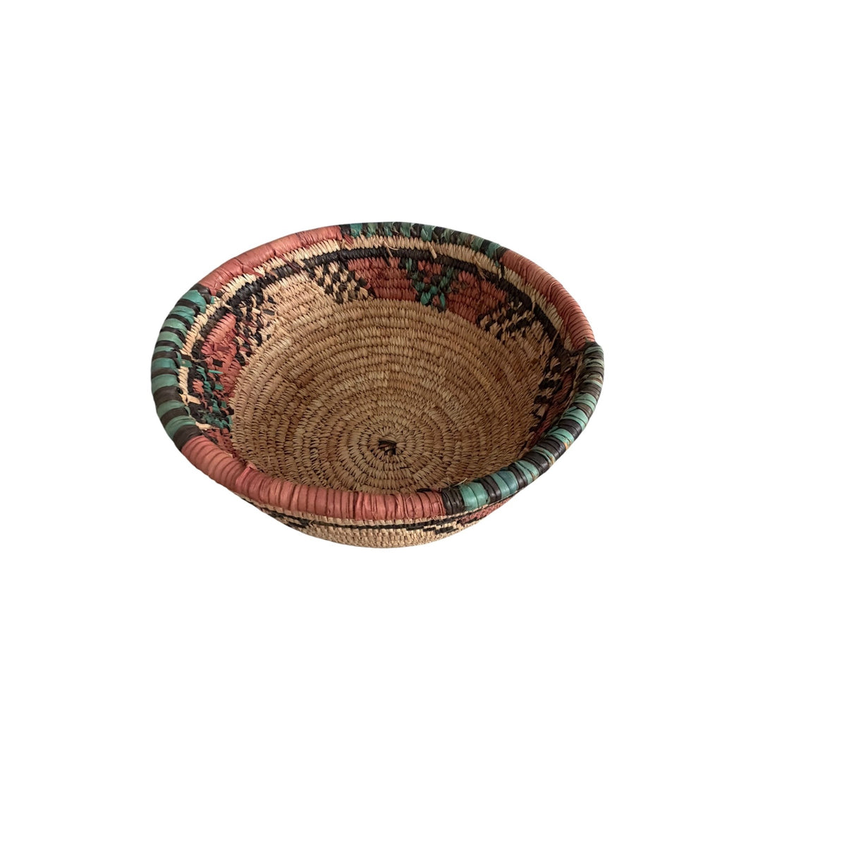 Vintage African Hand Coiled Basket Bowl Dyed Raffia Pink Green Geometric 10 Inch