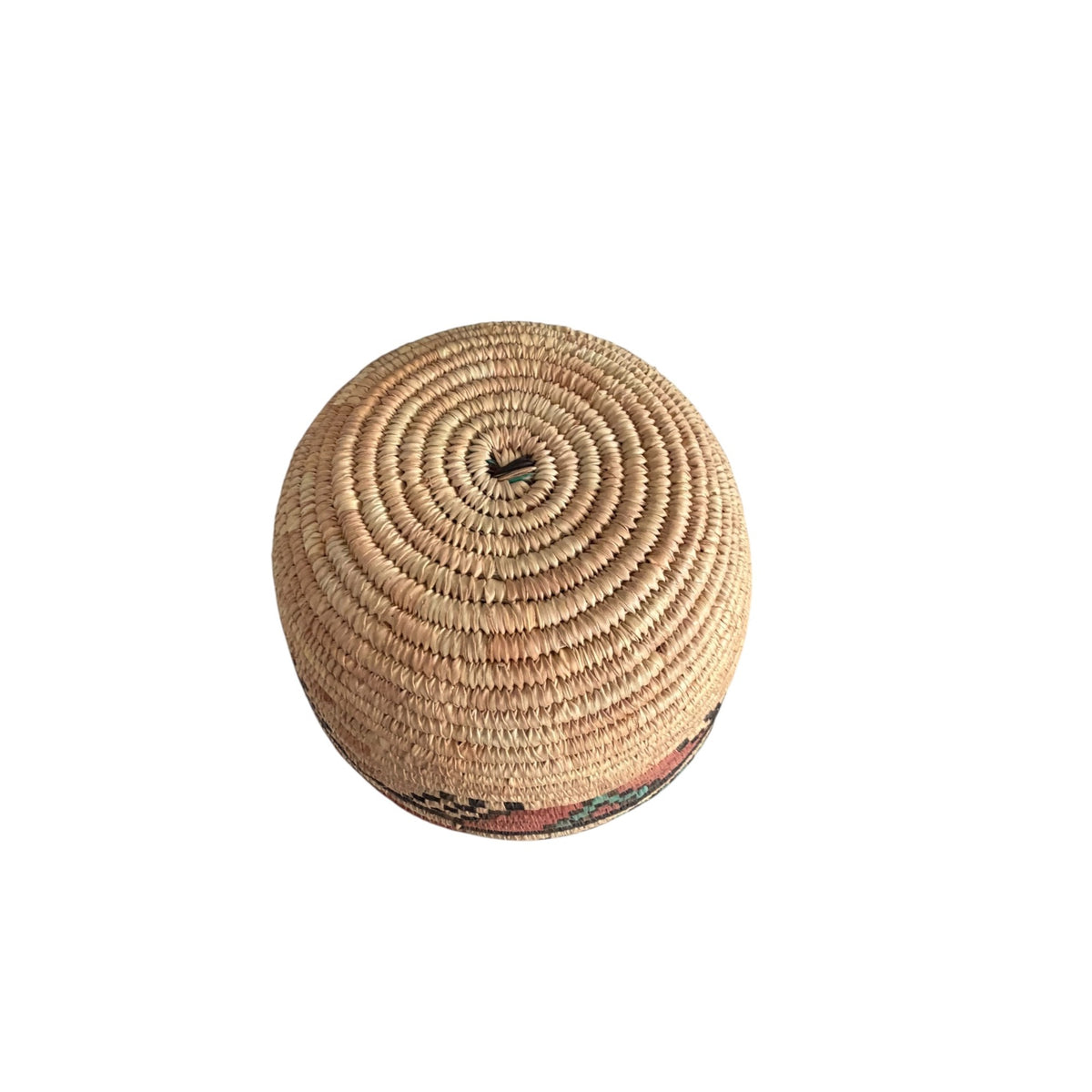Vintage African Hand Coiled Basket Bowl Dyed Raffia Pink Green Geometric 10 Inch