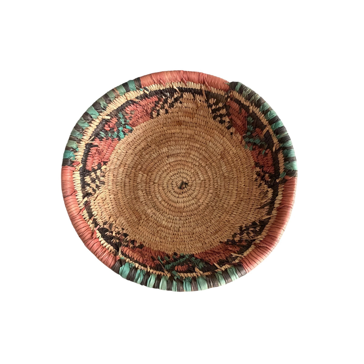 Vintage African Hand Coiled Basket Bowl Dyed Raffia Pink Green Geometric 10 Inch