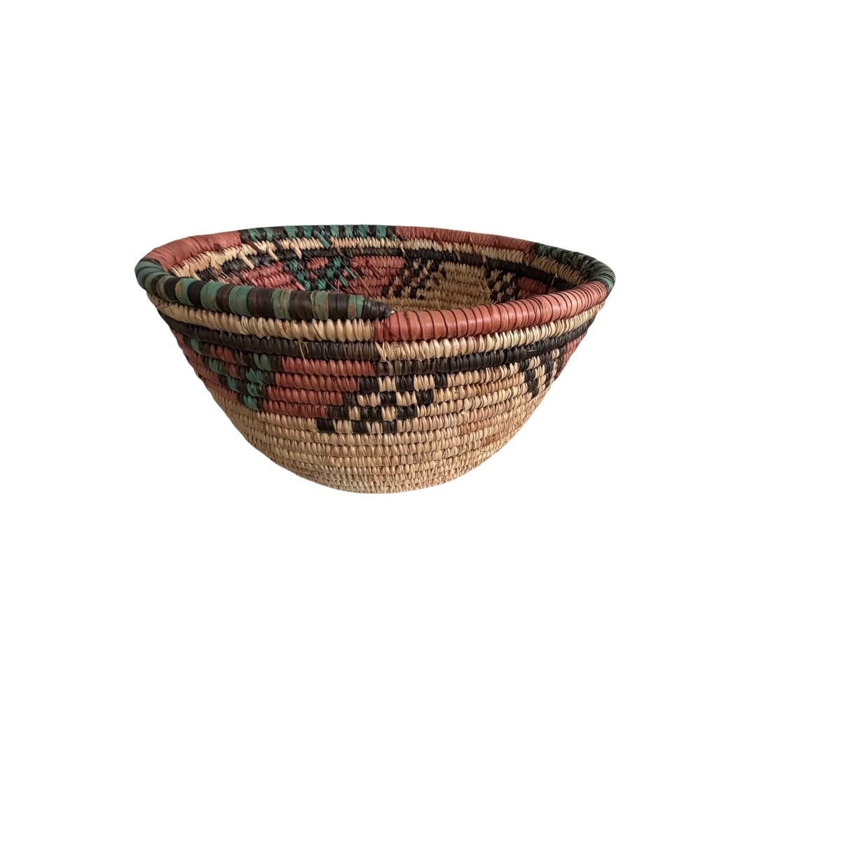 Vintage African Hand Coiled Basket Bowl Dyed Raffia Pink Green Geometric 10 Inch