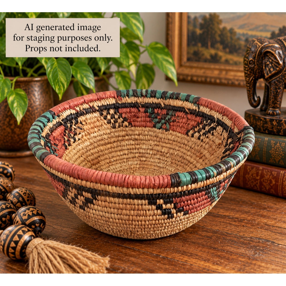 Vintage African Hand Coiled Basket Bowl Dyed Raffia Pink Green Geometric 10 Inch