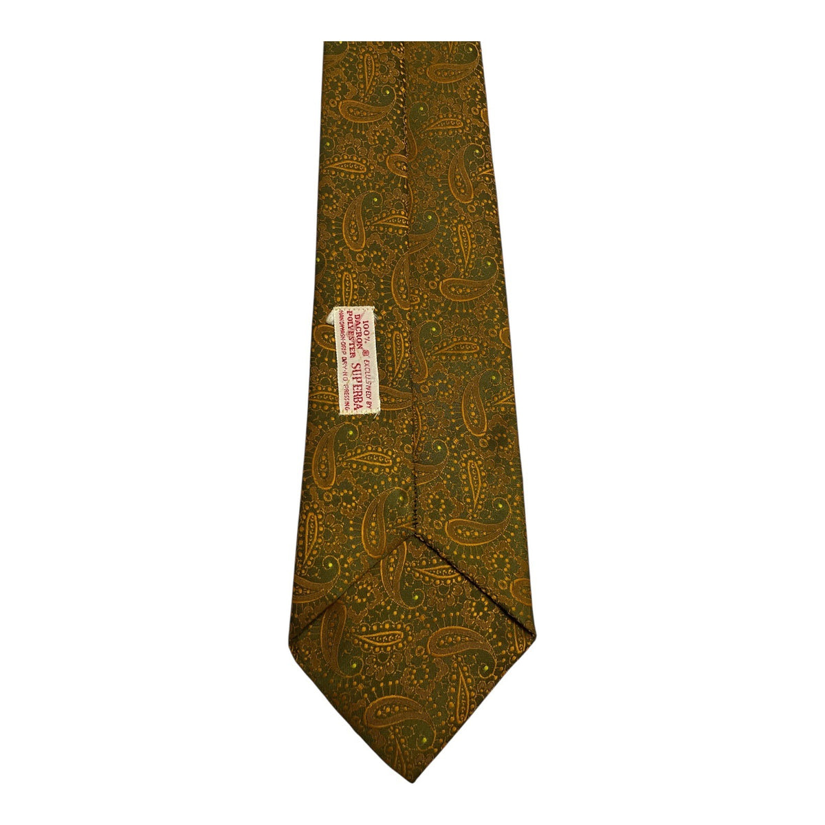 Vintage 1960s Superba Paisley Tie Olive Green Gold Dacron 54 Inch
