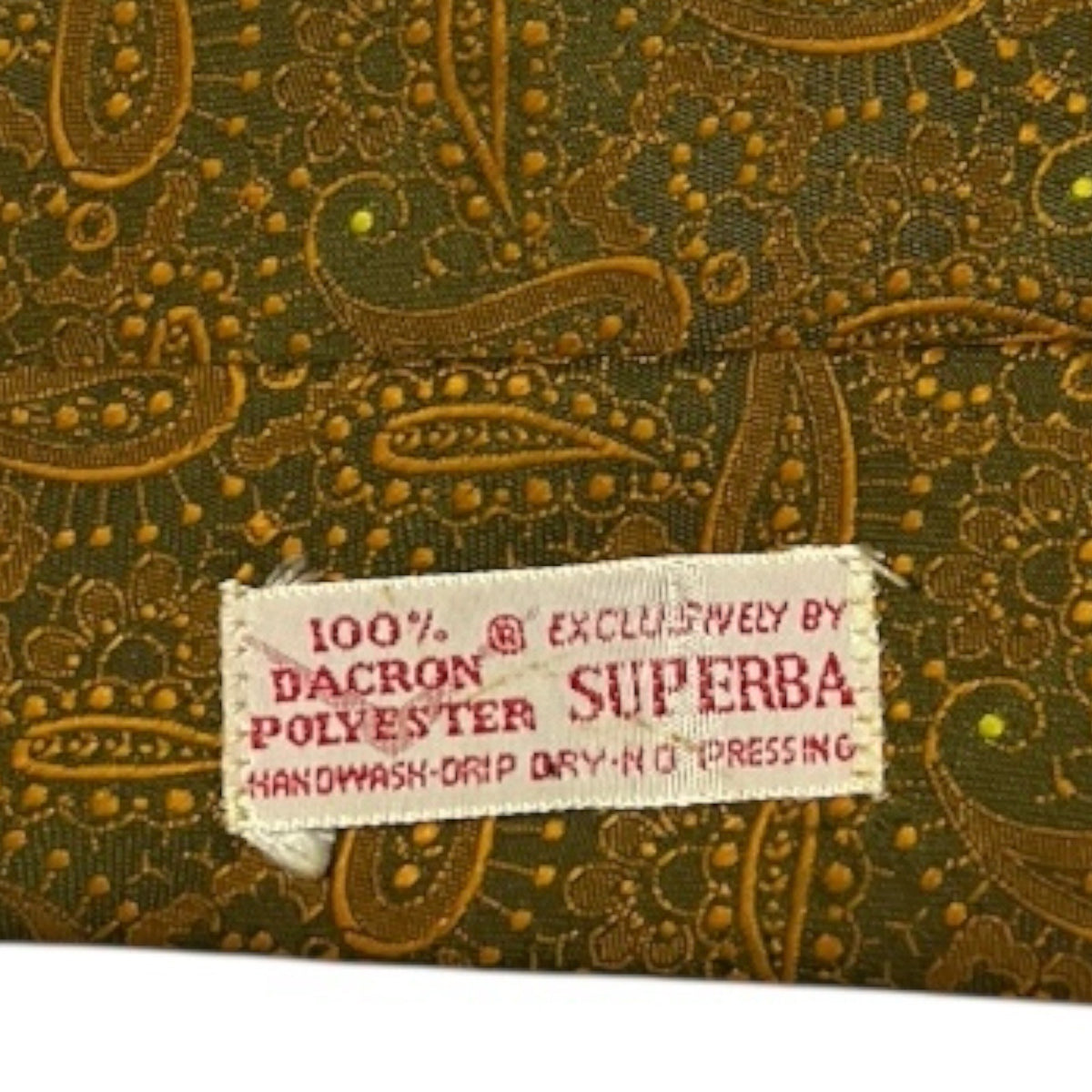Vintage 1960s Superba Paisley Tie Olive Green Gold Dacron 54 Inch