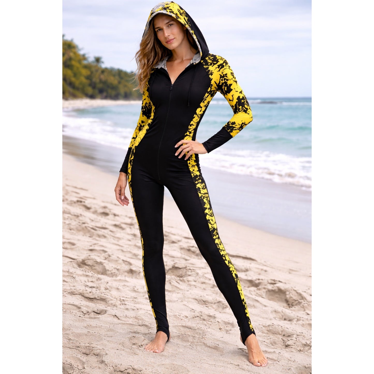 Women’s SBART Black Yellow Lightweight Zip Front Water Sports Swim Suit Size L