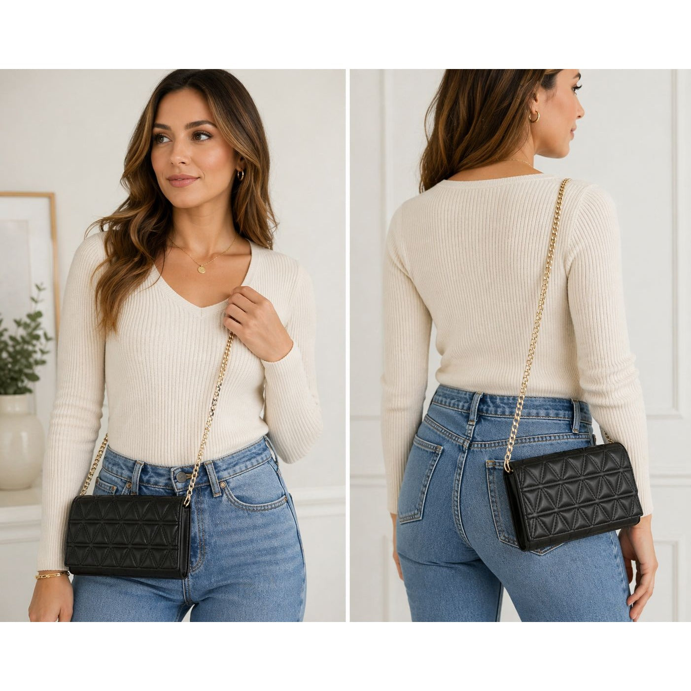 Express Quilted Faux Leather Crossbody Bag – Black – Gold Chain Strap – 6 x 11 x 1.5 in – 14” Drop