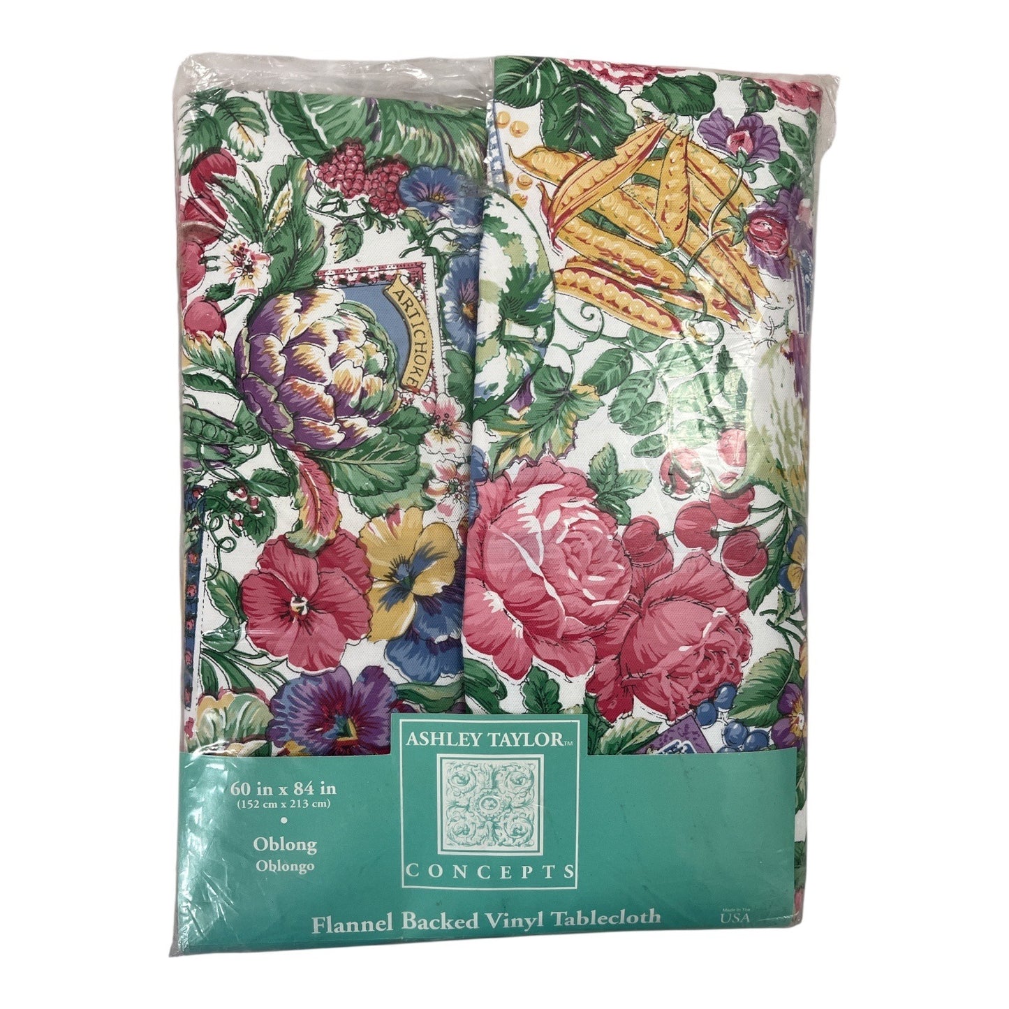 Ashley Taylor Concepts Floral Vegetables Tablecloth 60x84 Vinyl Flannel Backed Open Package USA