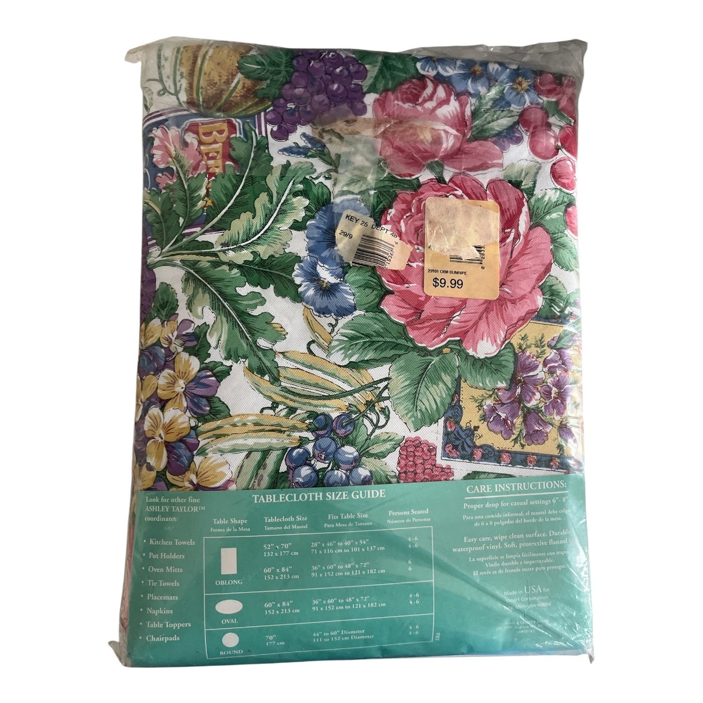 Ashley Taylor Concepts Floral Vegetables Tablecloth 60x84 Vinyl Flannel Backed Open Package USA
