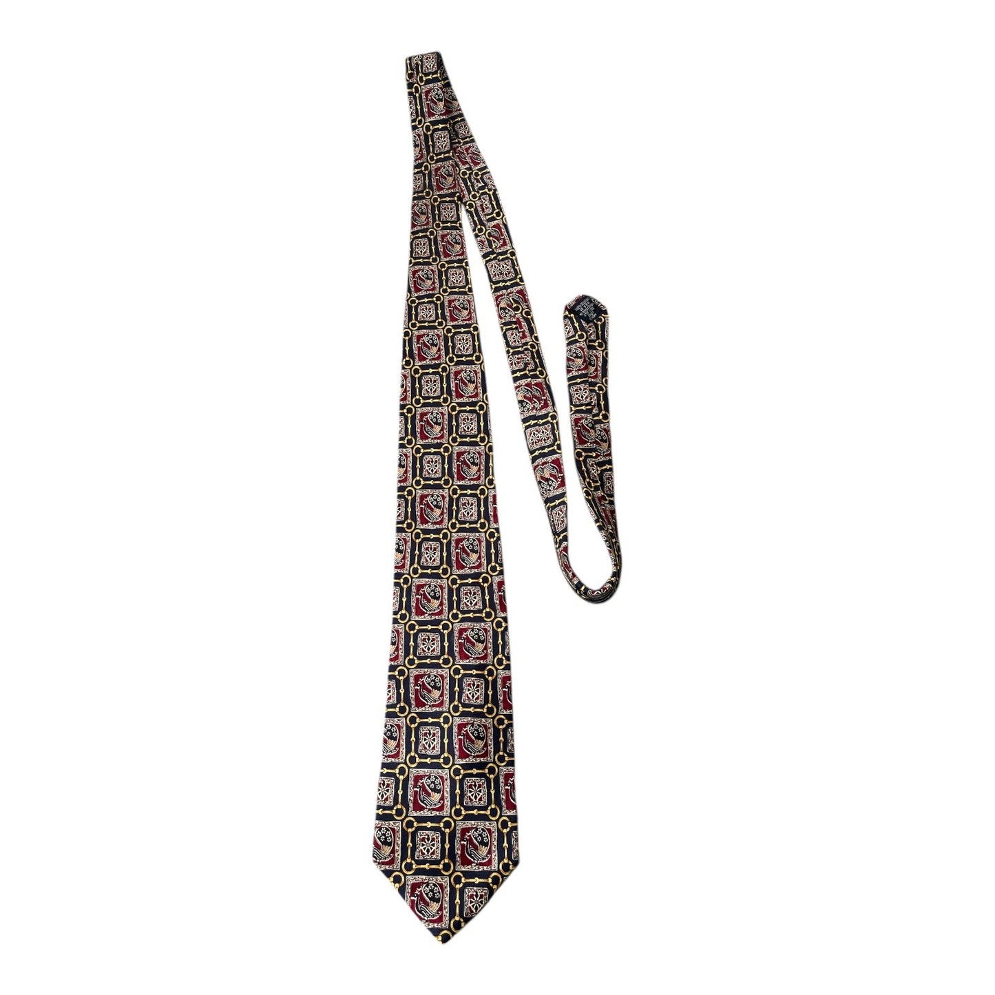 Lands’ End Silk Necktie Equestrian Bit & Bird Print Navy Burgundy