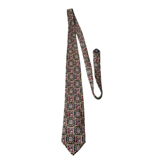 Lands’ End Silk Necktie Equestrian Bit & Bird Print Navy Burgundy