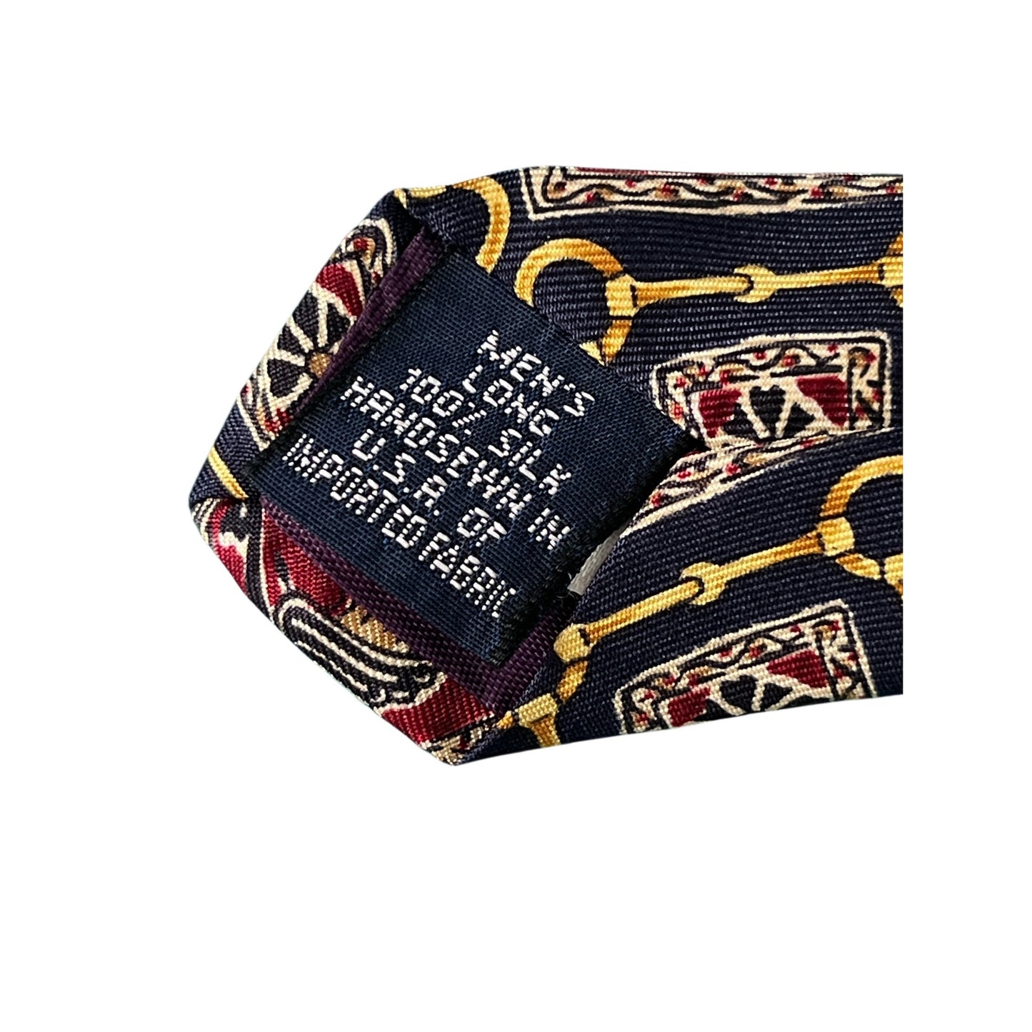 Lands’ End Silk Necktie Equestrian Bit & Bird Print Navy Burgundy