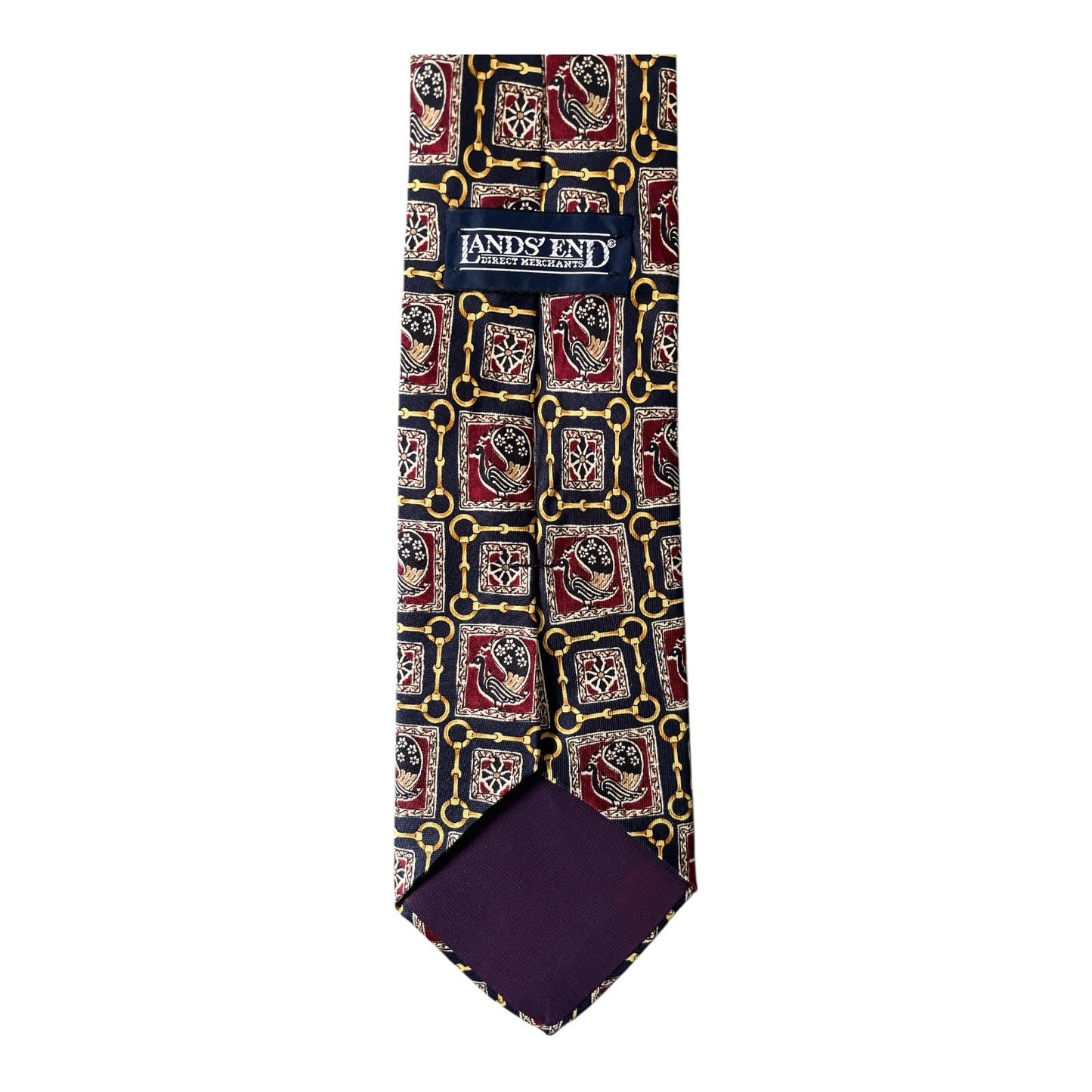 Lands’ End Silk Necktie Equestrian Bit & Bird Print Navy Burgundy