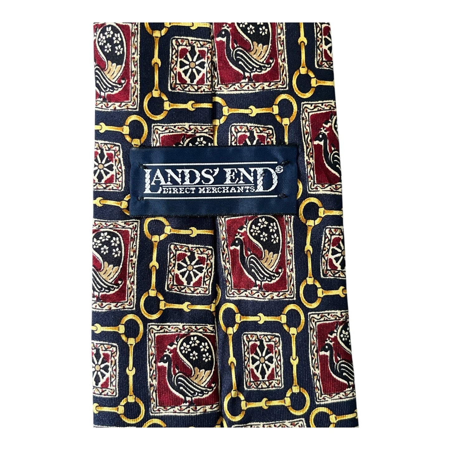 Lands’ End Silk Necktie Equestrian Bit & Bird Print Navy Burgundy