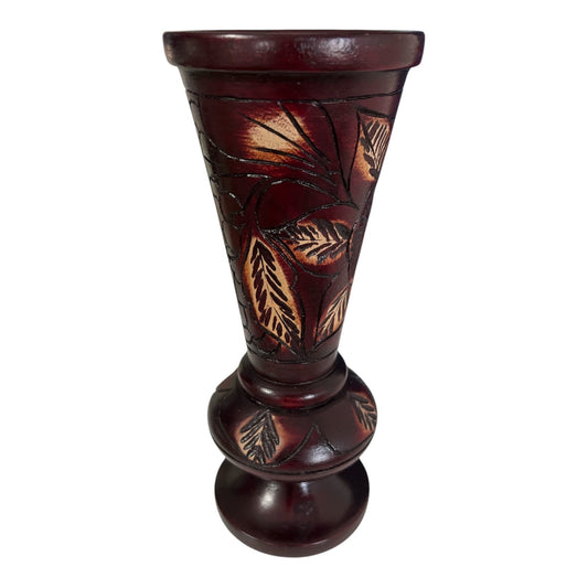 Vintage Boho Tribal Hand-Carved Wooden Vase – Dark Stained Leaf Design