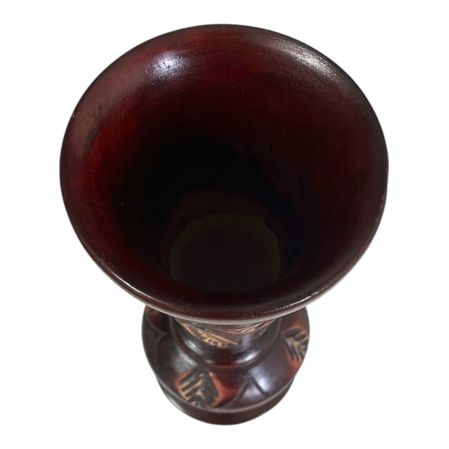 Vintage Boho Tribal Hand-Carved Wooden Vase – Dark Stained Leaf Design