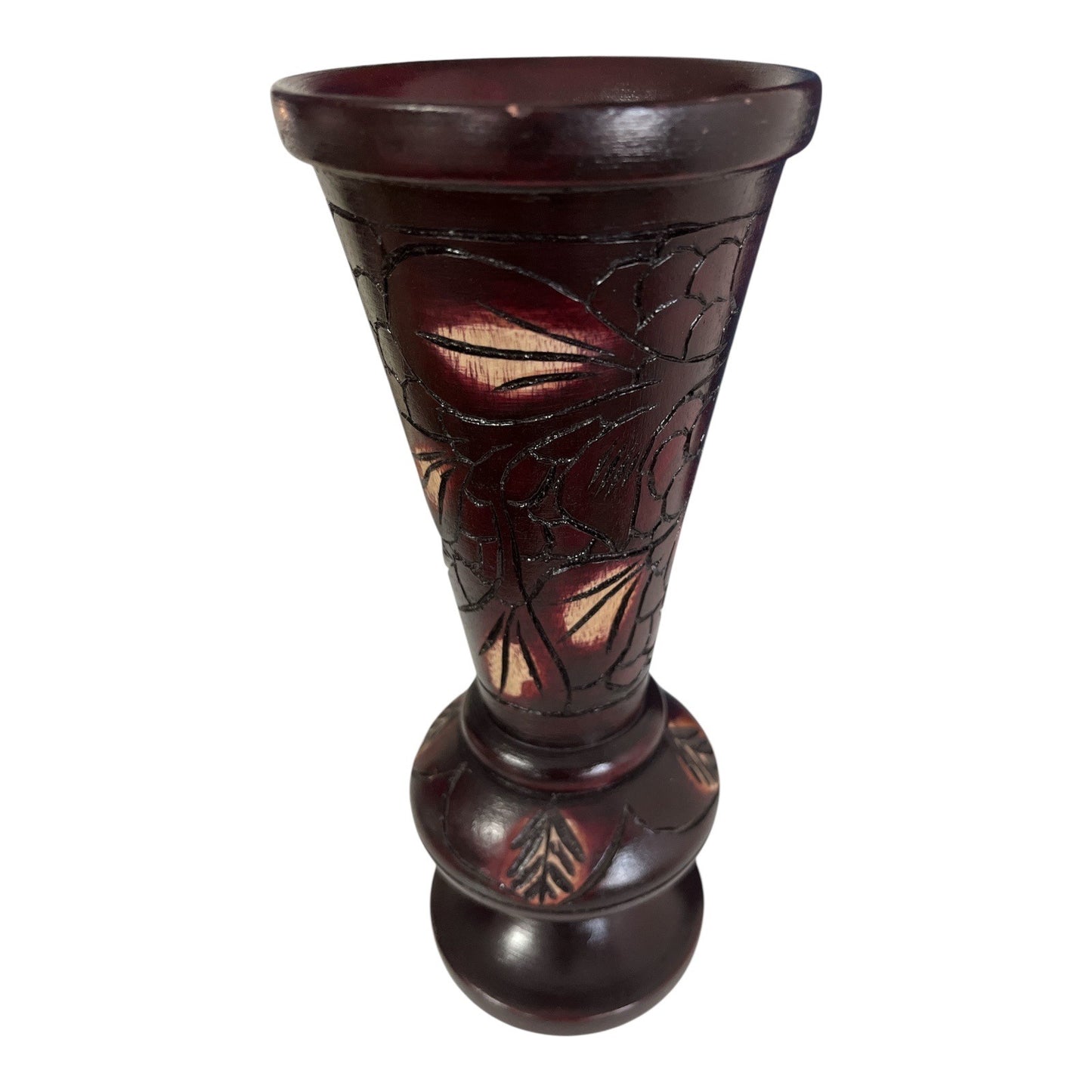 Vintage Boho Tribal Hand-Carved Wooden Vase – Dark Stained Leaf Design