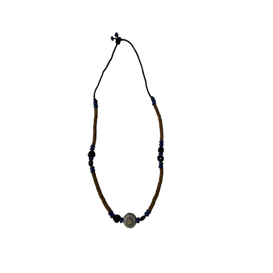 18” Boho Beaded Necklace Blue Brown Artisan Adjustable Cord Ethnic Tribal Style