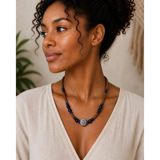 18” Boho Beaded Necklace Blue Brown Artisan Adjustable Cord Ethnic Tribal Style