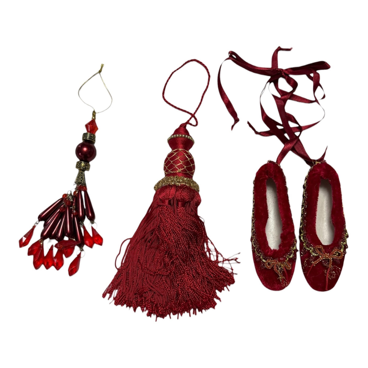 Burgundy Red Gold Christmas Ornament Lot Ballet Slippers Tassel Beaded Chandelier