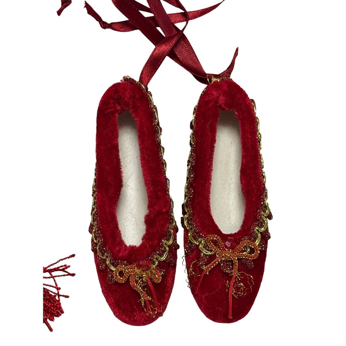 Burgundy Red Gold Christmas Ornament Lot Ballet Slippers Tassel Beaded Chandelier