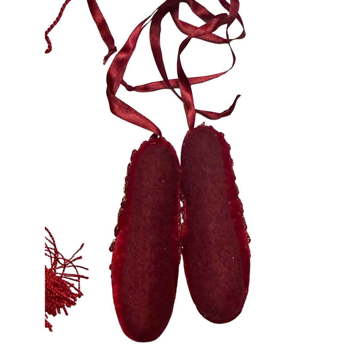 Burgundy Red Gold Christmas Ornament Lot Ballet Slippers Tassel Beaded Chandelier