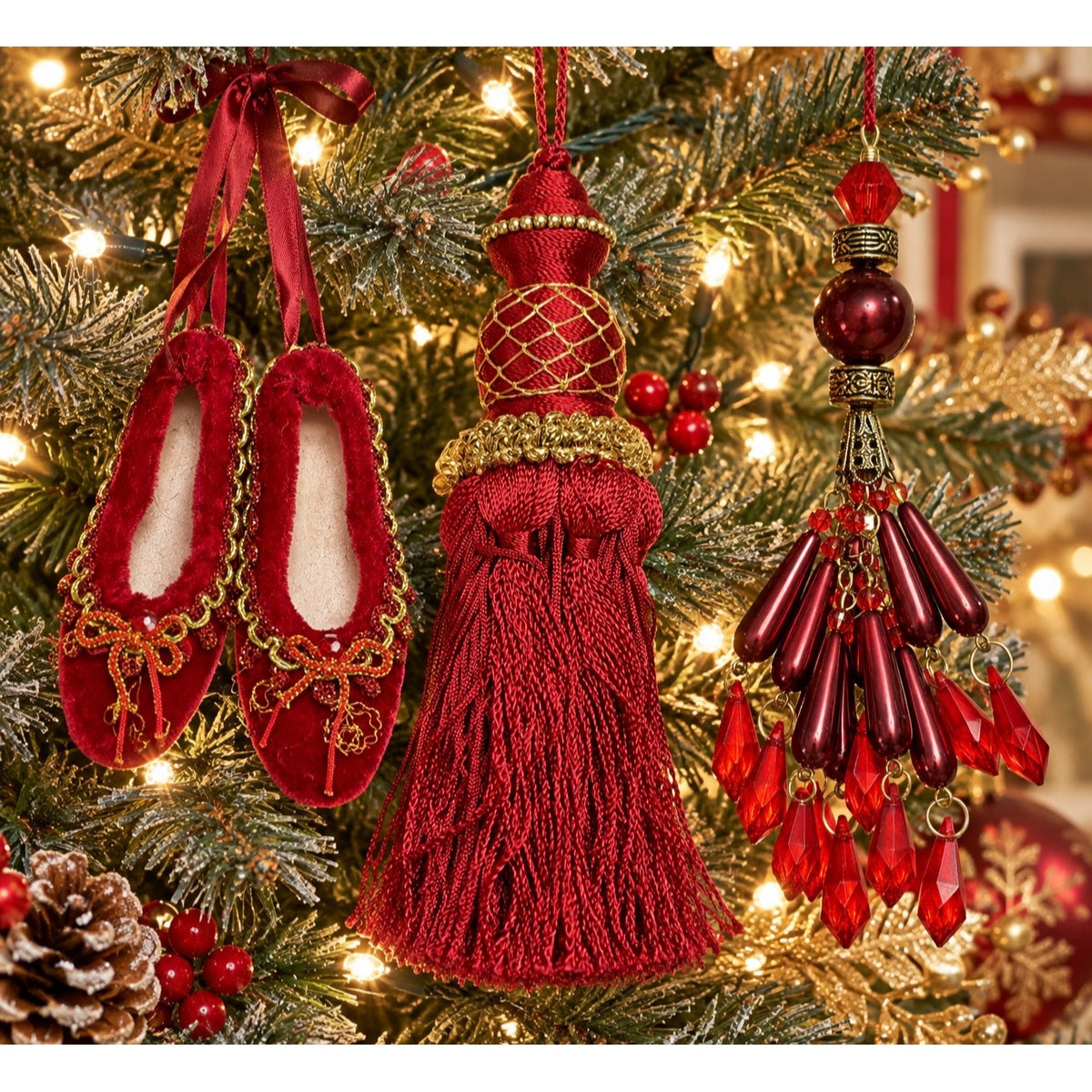 Burgundy Red Gold Christmas Ornament Lot Ballet Slippers Tassel Beaded Chandelier