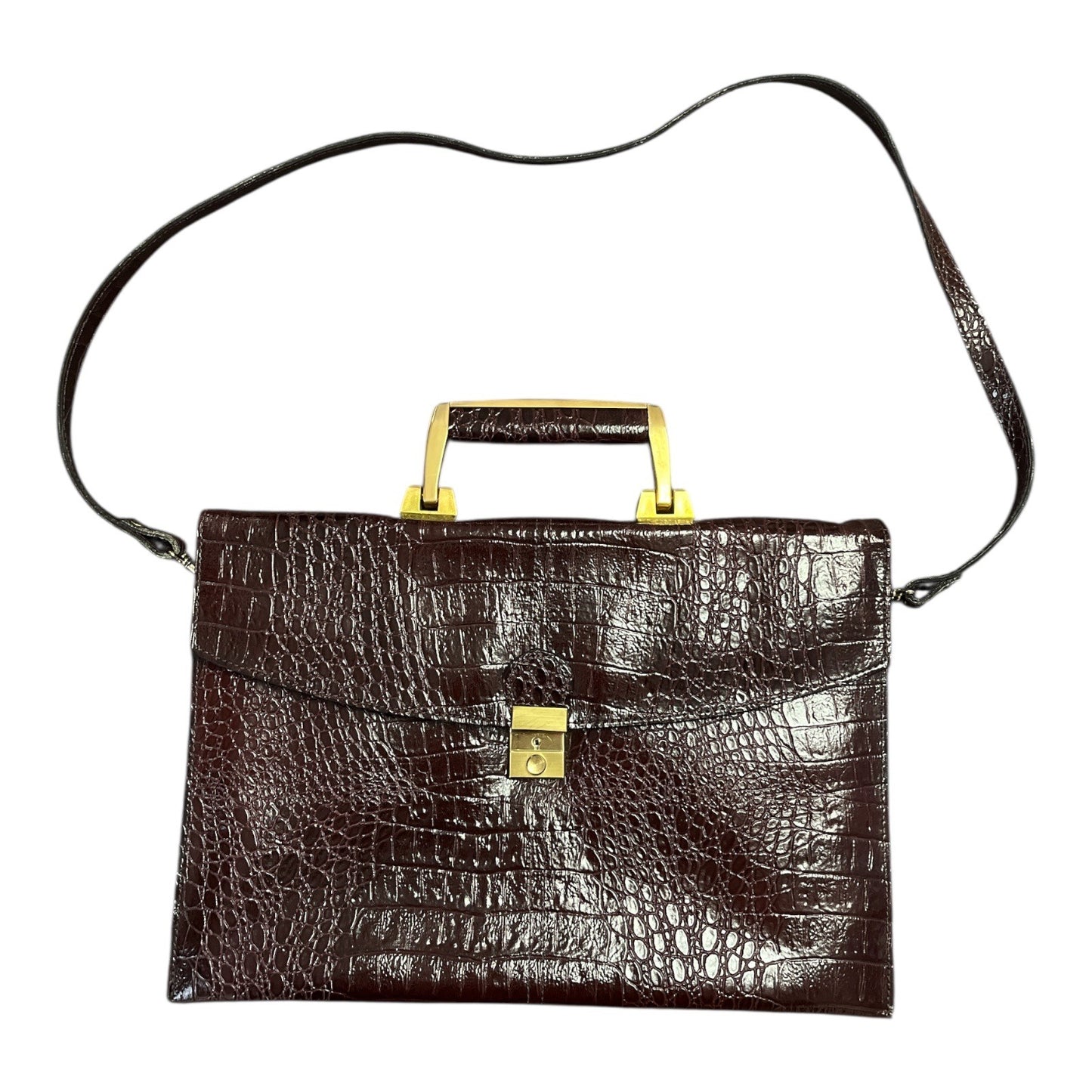 Vintage Subhaus Croc-Embossed Genuine Leather Satchel – Reddish Brown – Made in Korea – 9 x 13.5 x 4 in – 9” Drop