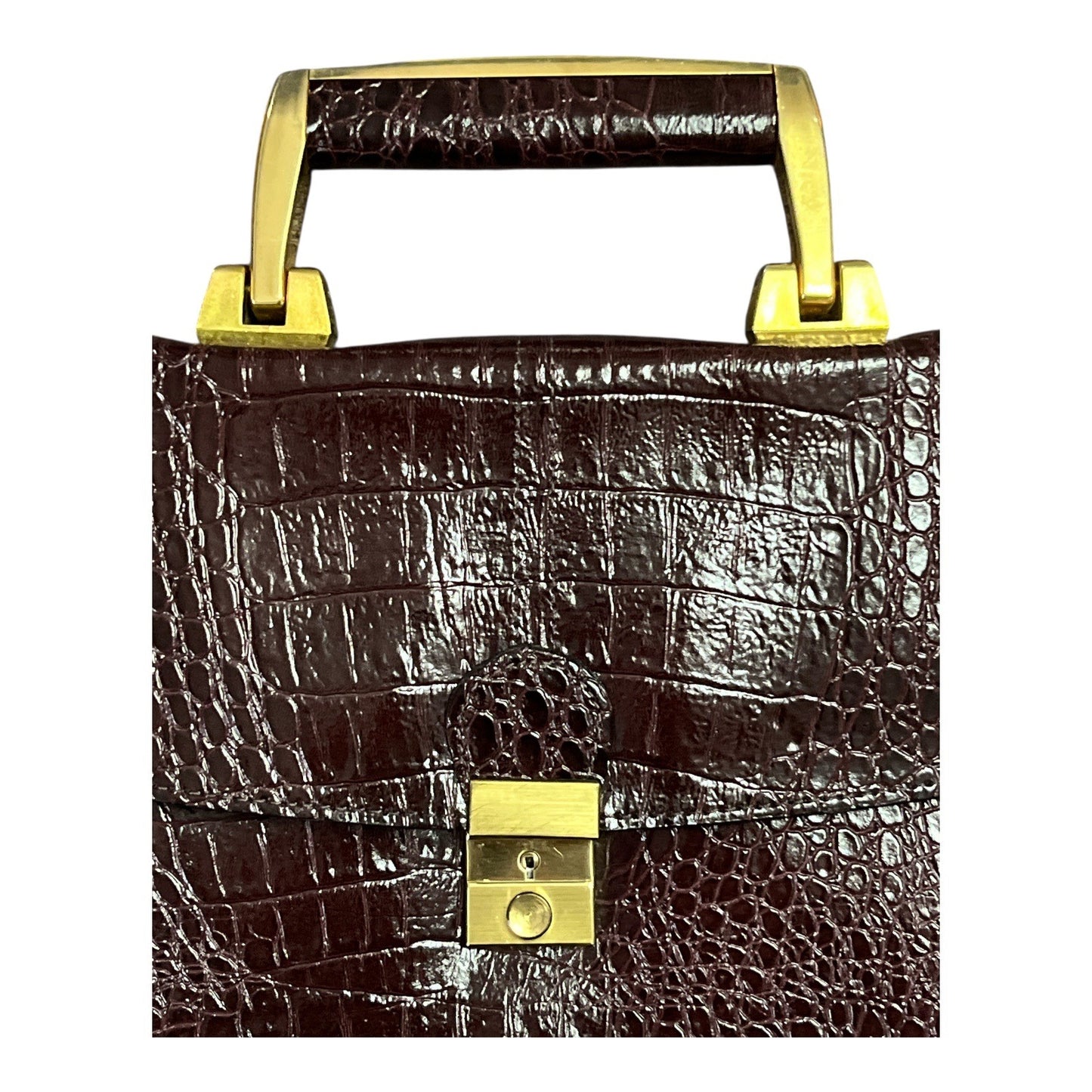 Vintage Subhaus Croc-Embossed Genuine Leather Satchel – Reddish Brown – Made in Korea – 9 x 13.5 x 4 in – 9” Drop