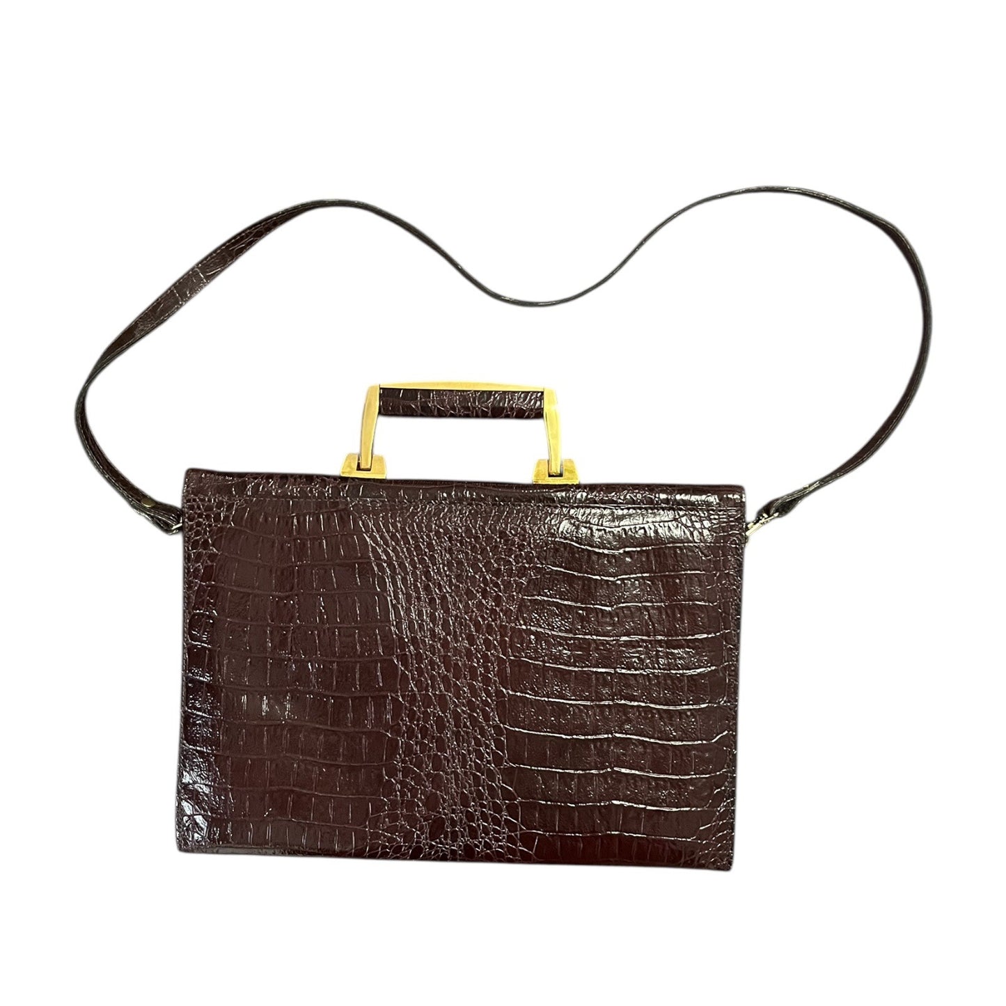Vintage Subhaus Croc-Embossed Genuine Leather Satchel – Reddish Brown – Made in Korea – 9 x 13.5 x 4 in – 9” Drop