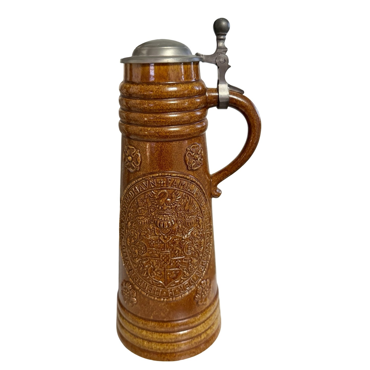 Vintage Brown Stoneware Beer Stein Heraldic Family Crest Equestrian Pewter Lid 10 Inch