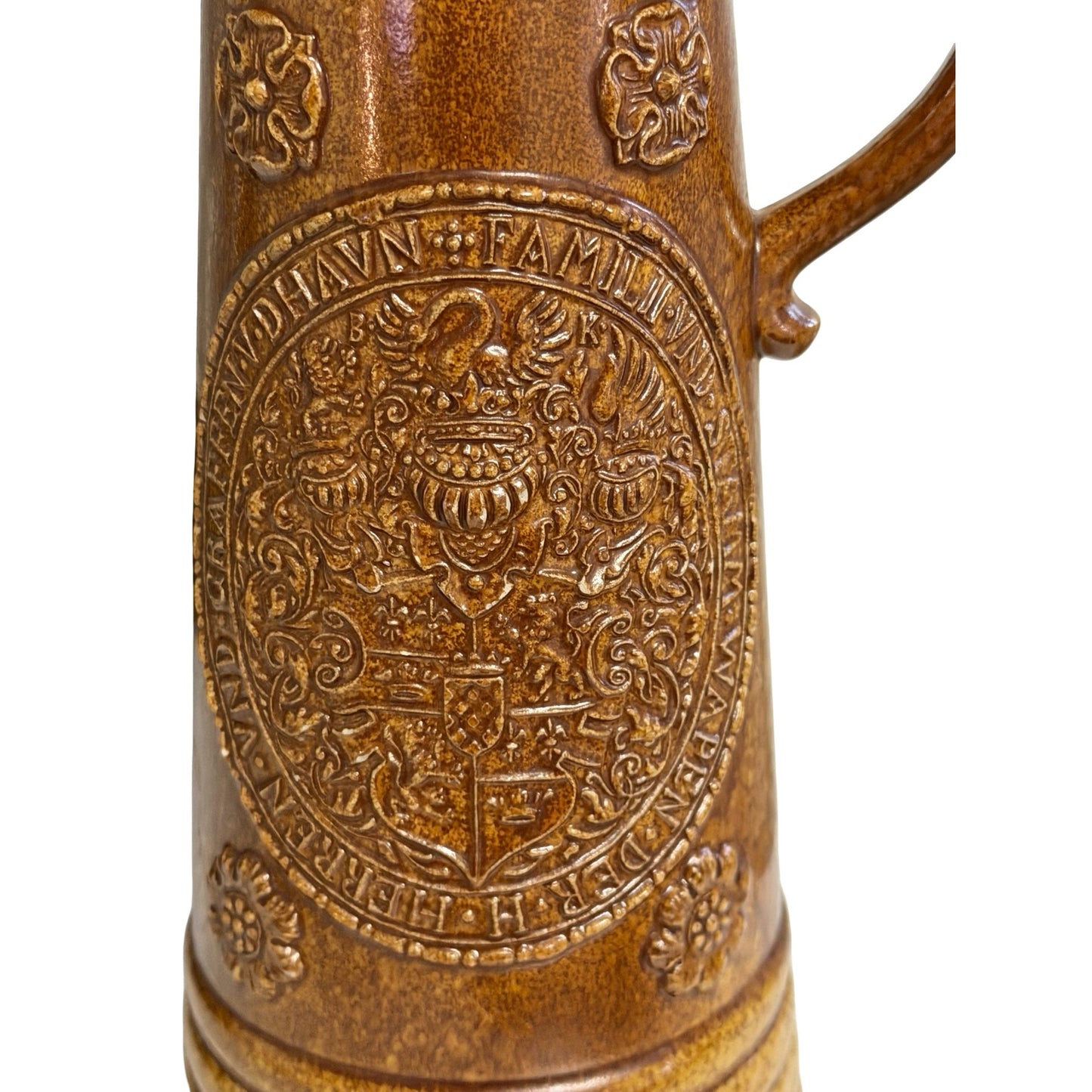 Vintage Brown Stoneware Beer Stein Heraldic Family Crest Equestrian Pewter Lid 10 Inch