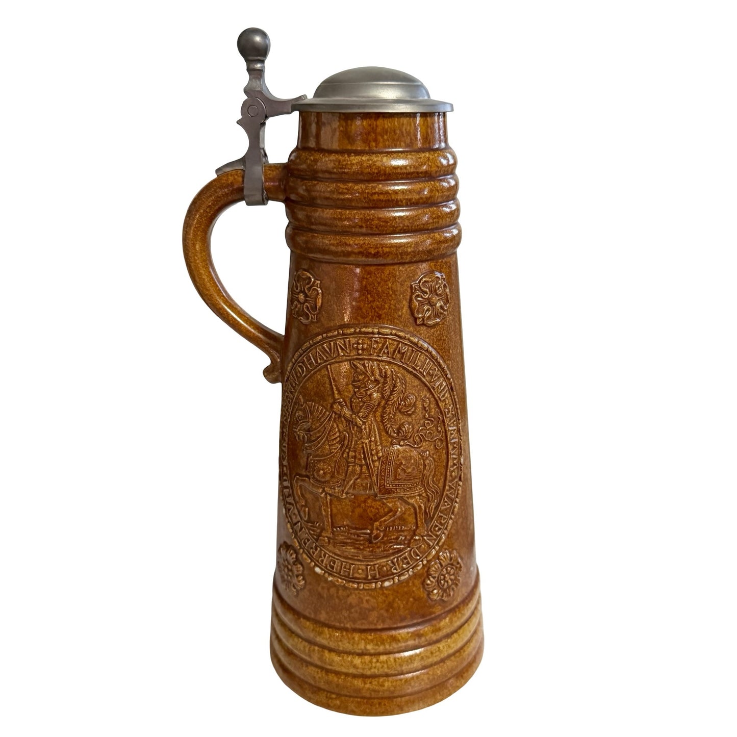 Vintage Brown Stoneware Beer Stein Heraldic Family Crest Equestrian Pewter Lid 10 Inch