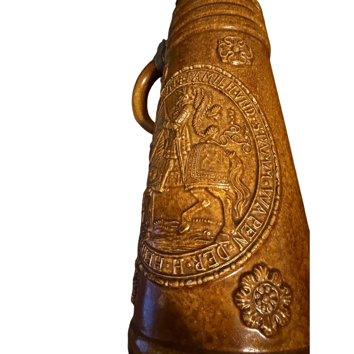 Vintage Brown Stoneware Beer Stein Heraldic Family Crest Equestrian Pewter Lid 10 Inch
