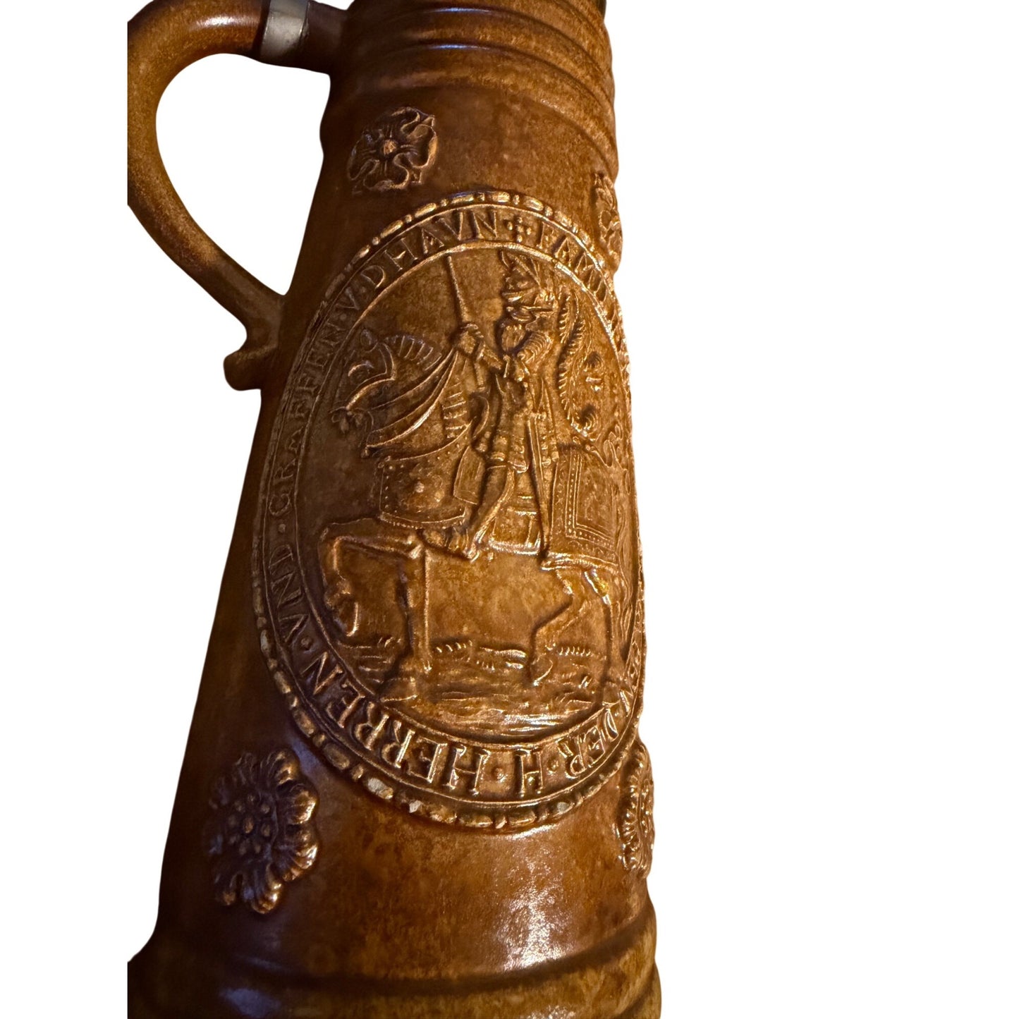 Vintage Brown Stoneware Beer Stein Heraldic Family Crest Equestrian Pewter Lid 10 Inch