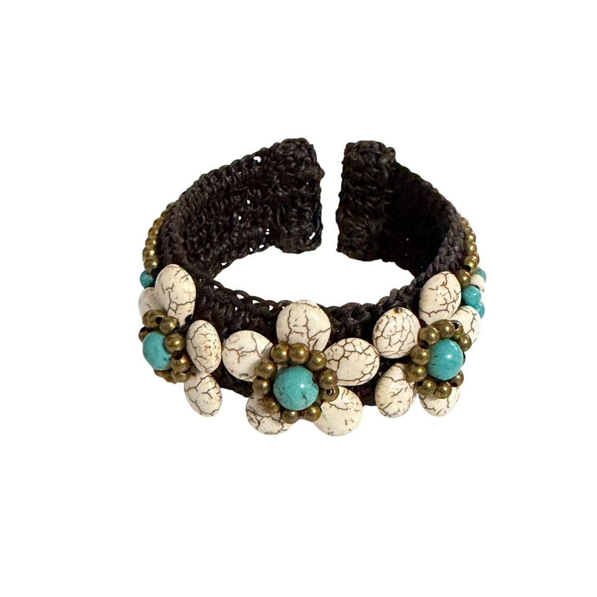 Handmade Turquoise Howlite Flower Beaded Macrame Cuff Bracelet Boho