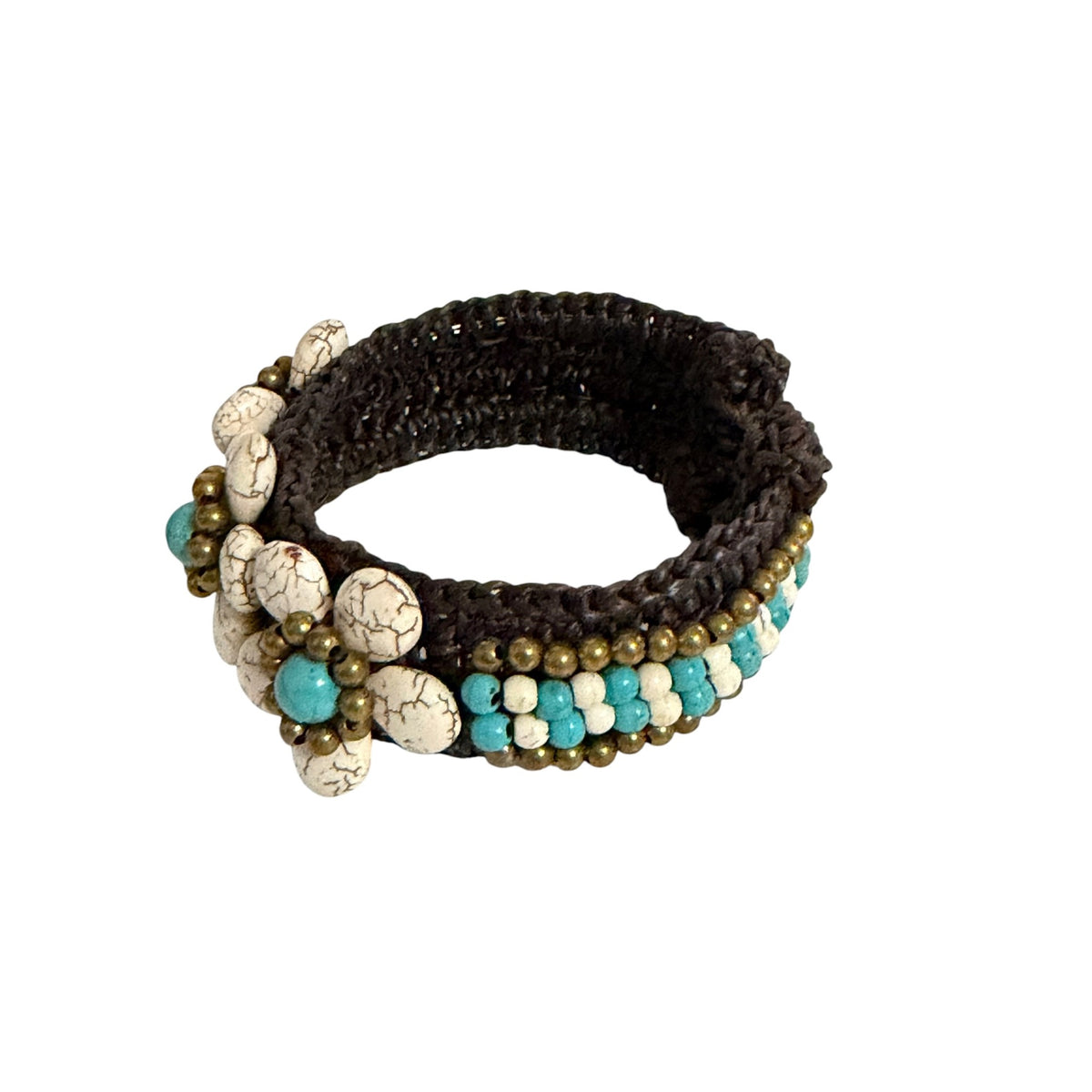 Handmade Turquoise Howlite Flower Beaded Macrame Cuff Bracelet Boho