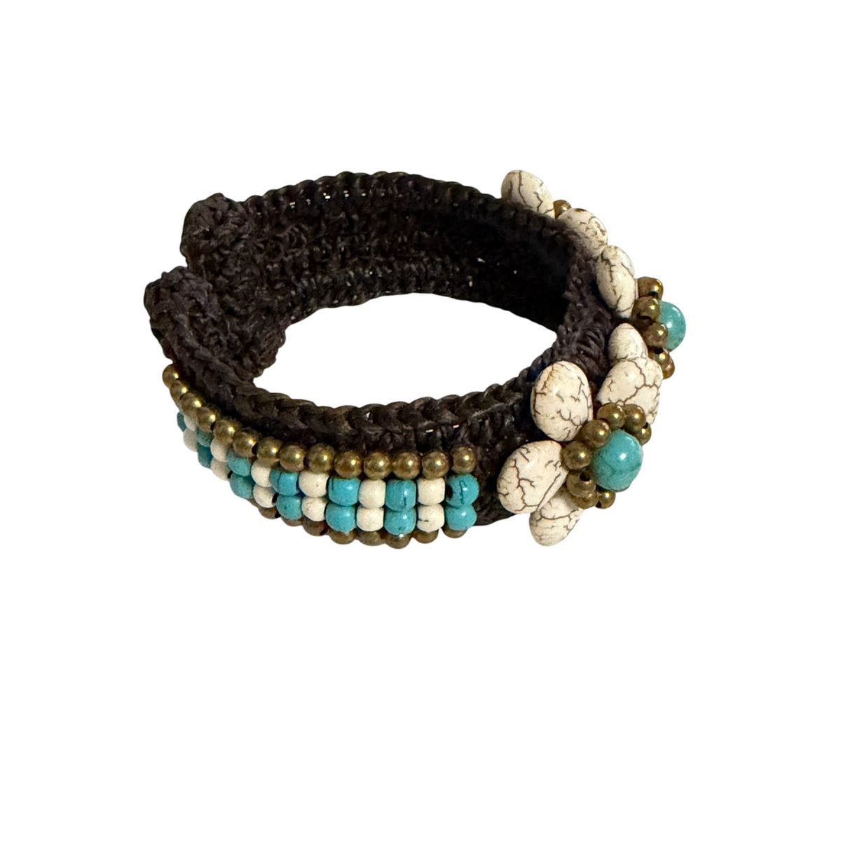 Handmade Turquoise Howlite Flower Beaded Macrame Cuff Bracelet Boho