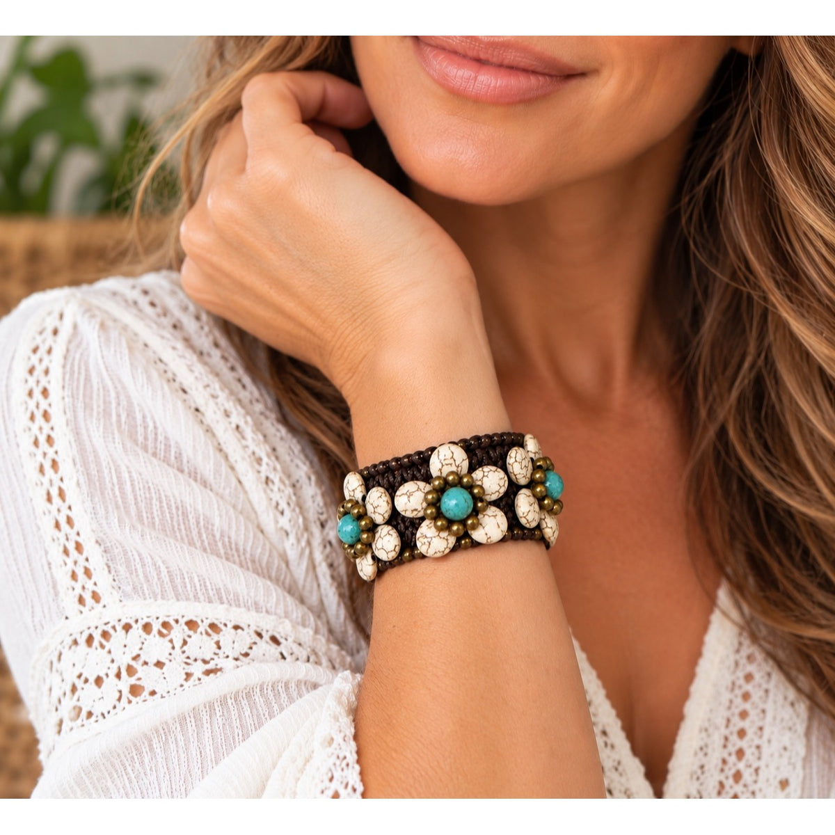 Handmade Turquoise Howlite Flower Beaded Macrame Cuff Bracelet Boho