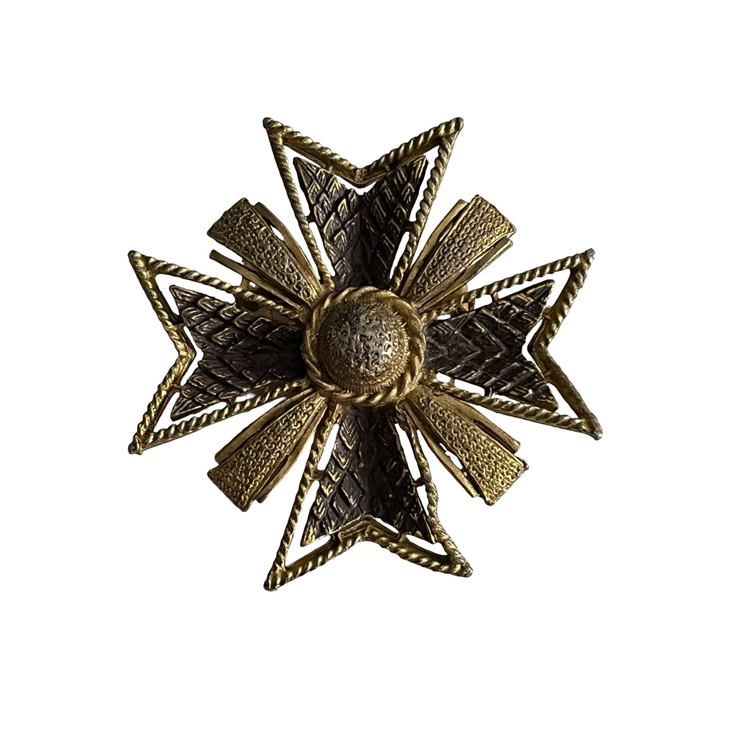 Vintage Maltese Cross Brooch Gold Tone Textured Ornate Statement Pin 2.5 Inch