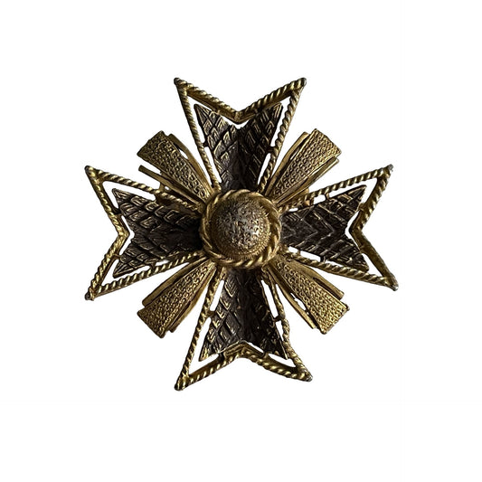 Vintage Maltese Cross Brooch Gold Tone Textured Ornate Statement Pin 2.5 Inch