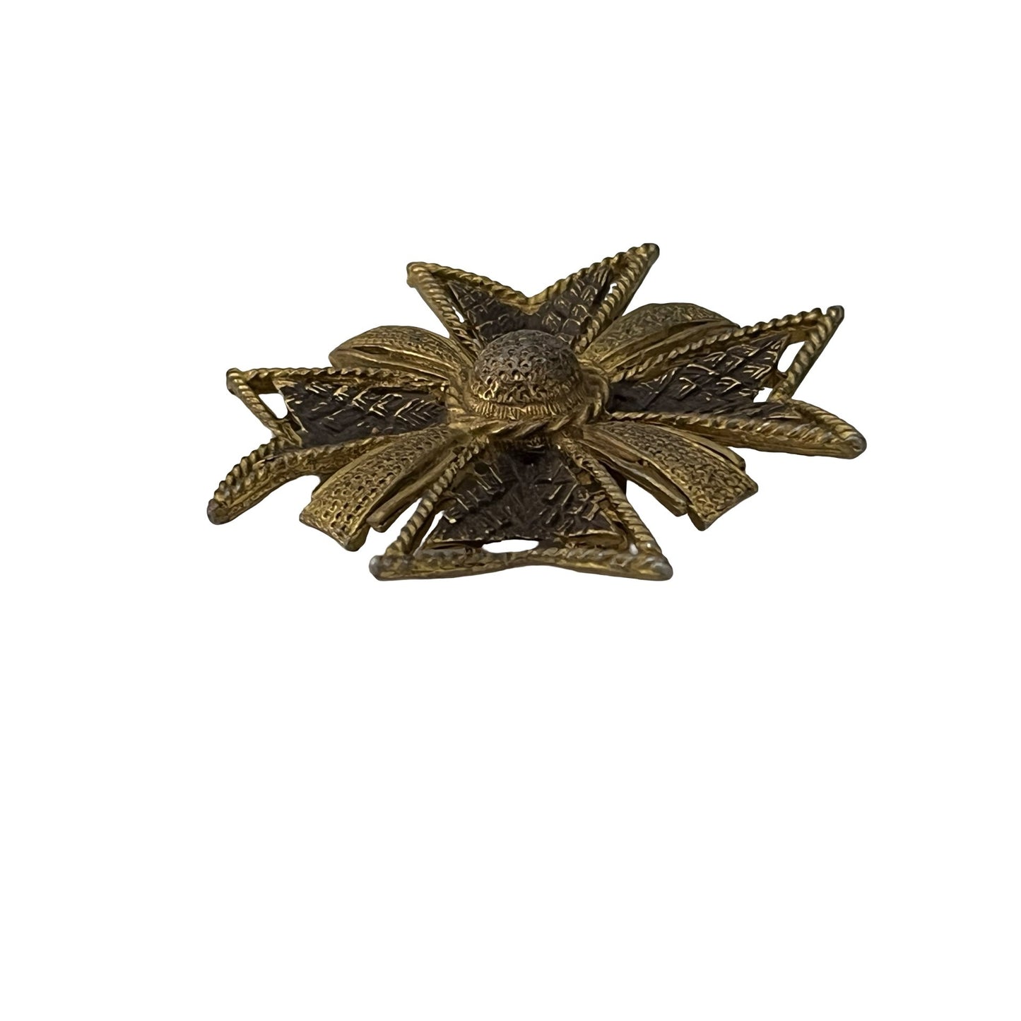 Vintage Maltese Cross Brooch Gold Tone Textured Ornate Statement Pin 2.5 Inch