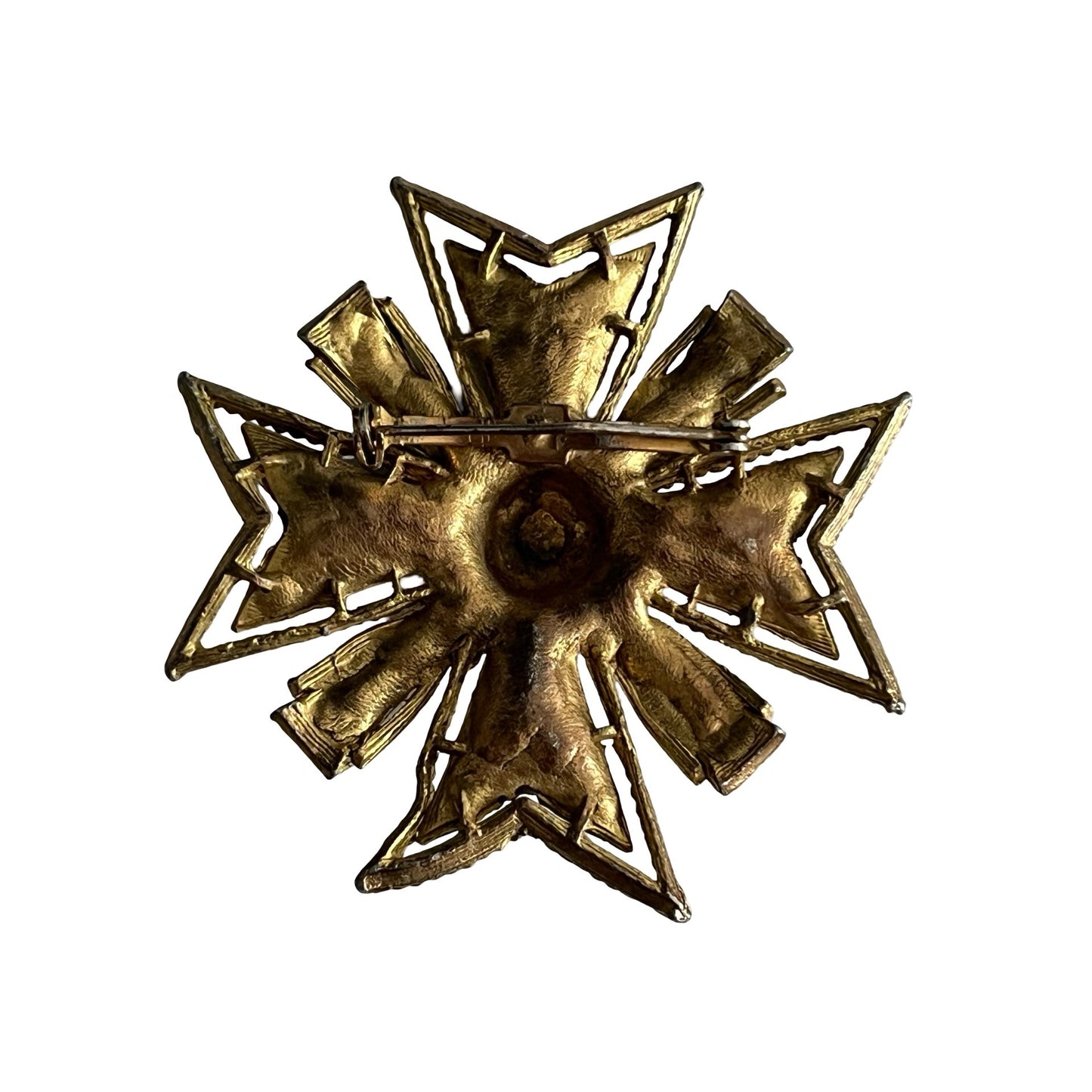 Vintage Maltese Cross Brooch Gold Tone Textured Ornate Statement Pin 2.5 Inch