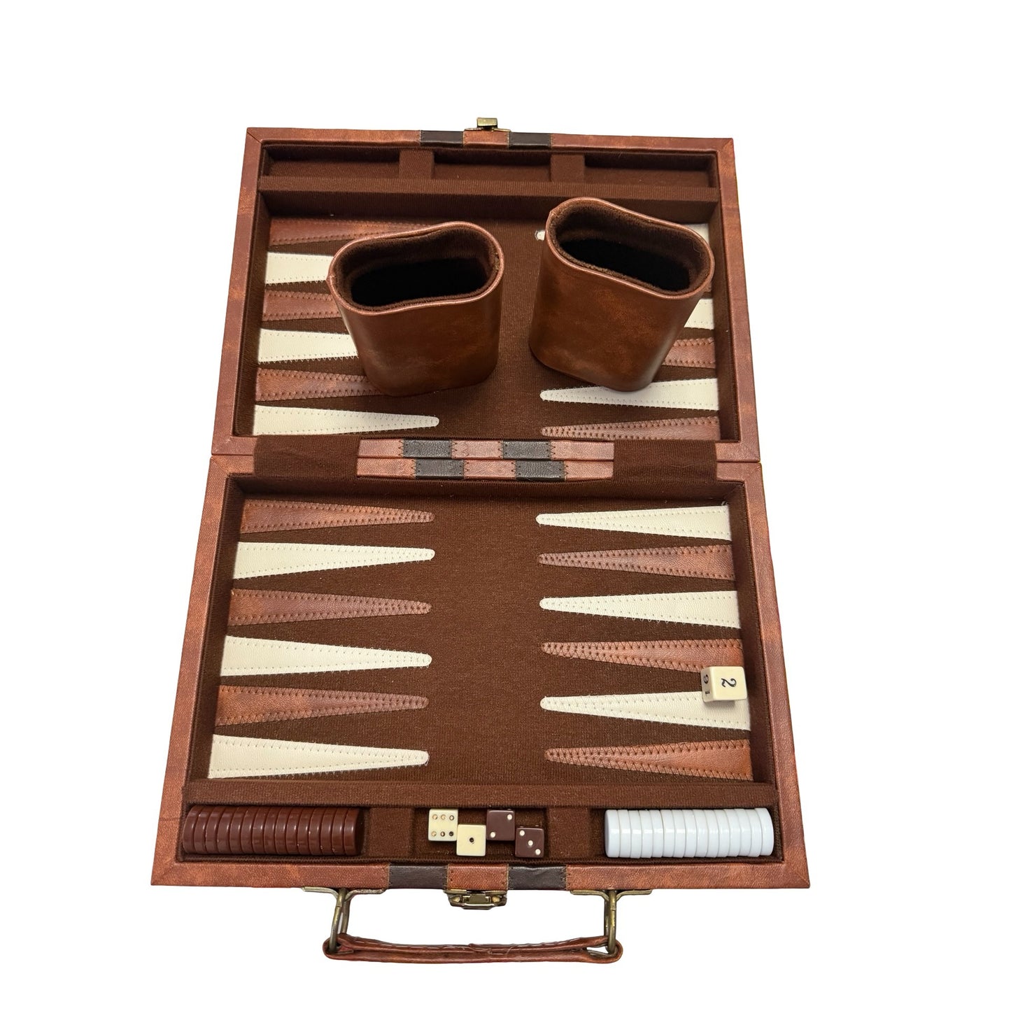 Vintage Faux Leather Travel Backgammon Set Portable Game Case Dice Chips