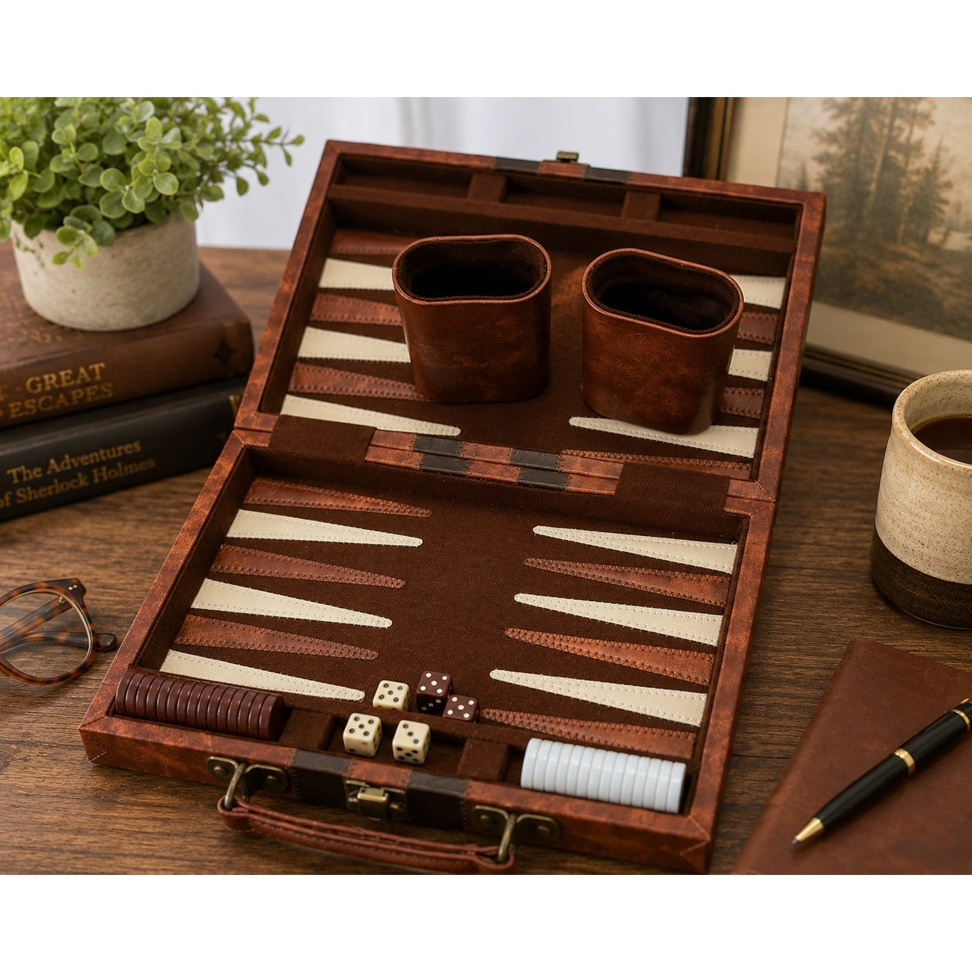 Vintage Faux Leather Travel Backgammon Set Portable Game Case Dice Chips