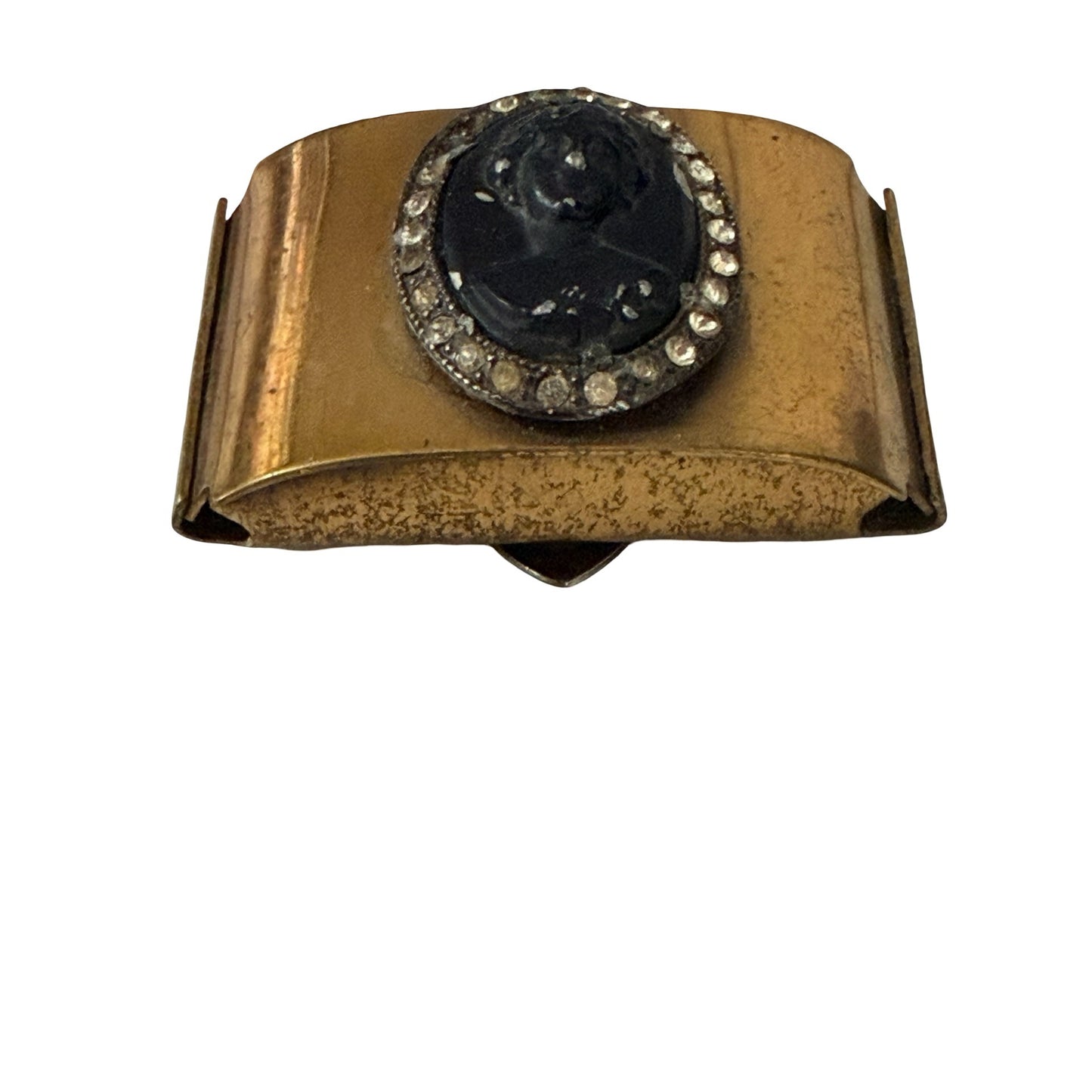Vintage Cameo Scarf Clip Black Cameo Rhinestone Gold Tone Sweater Guard
