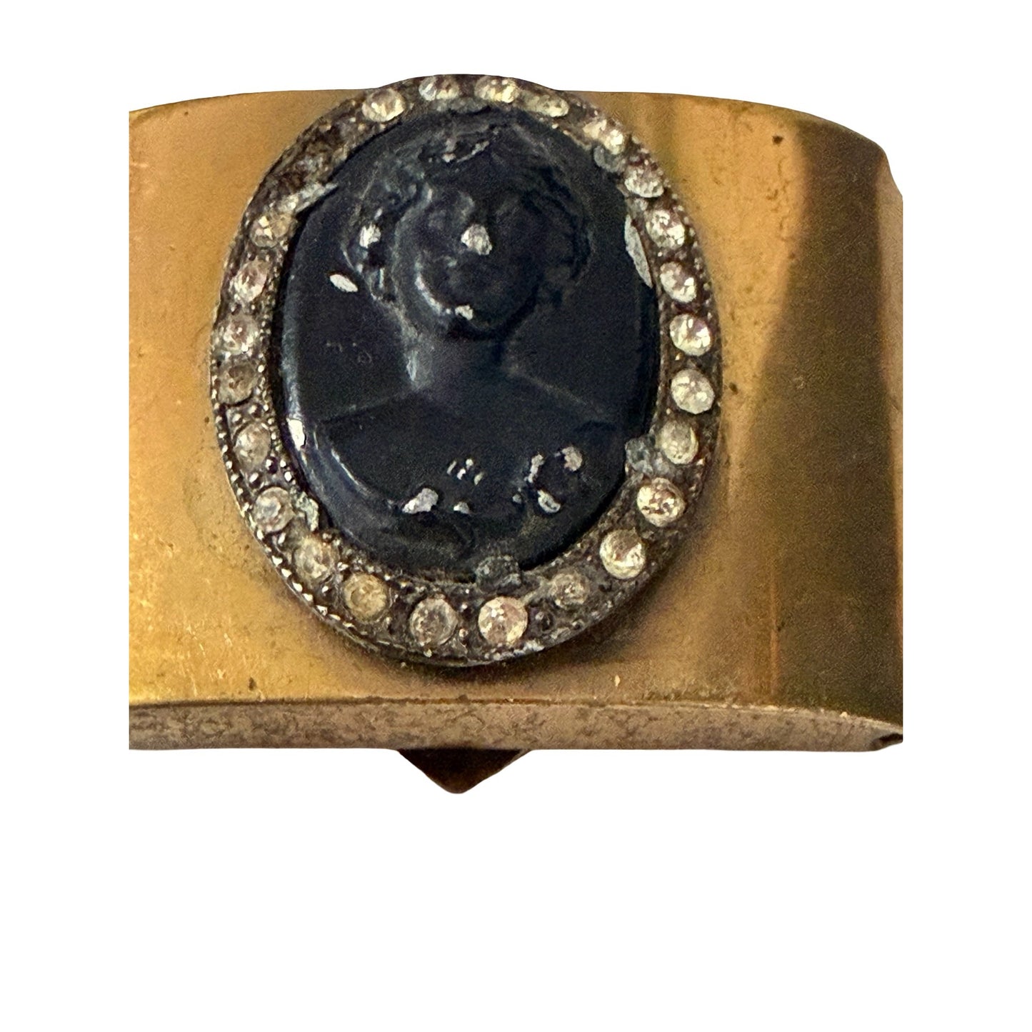 Vintage Cameo Scarf Clip Black Cameo Rhinestone Gold Tone Sweater Guard